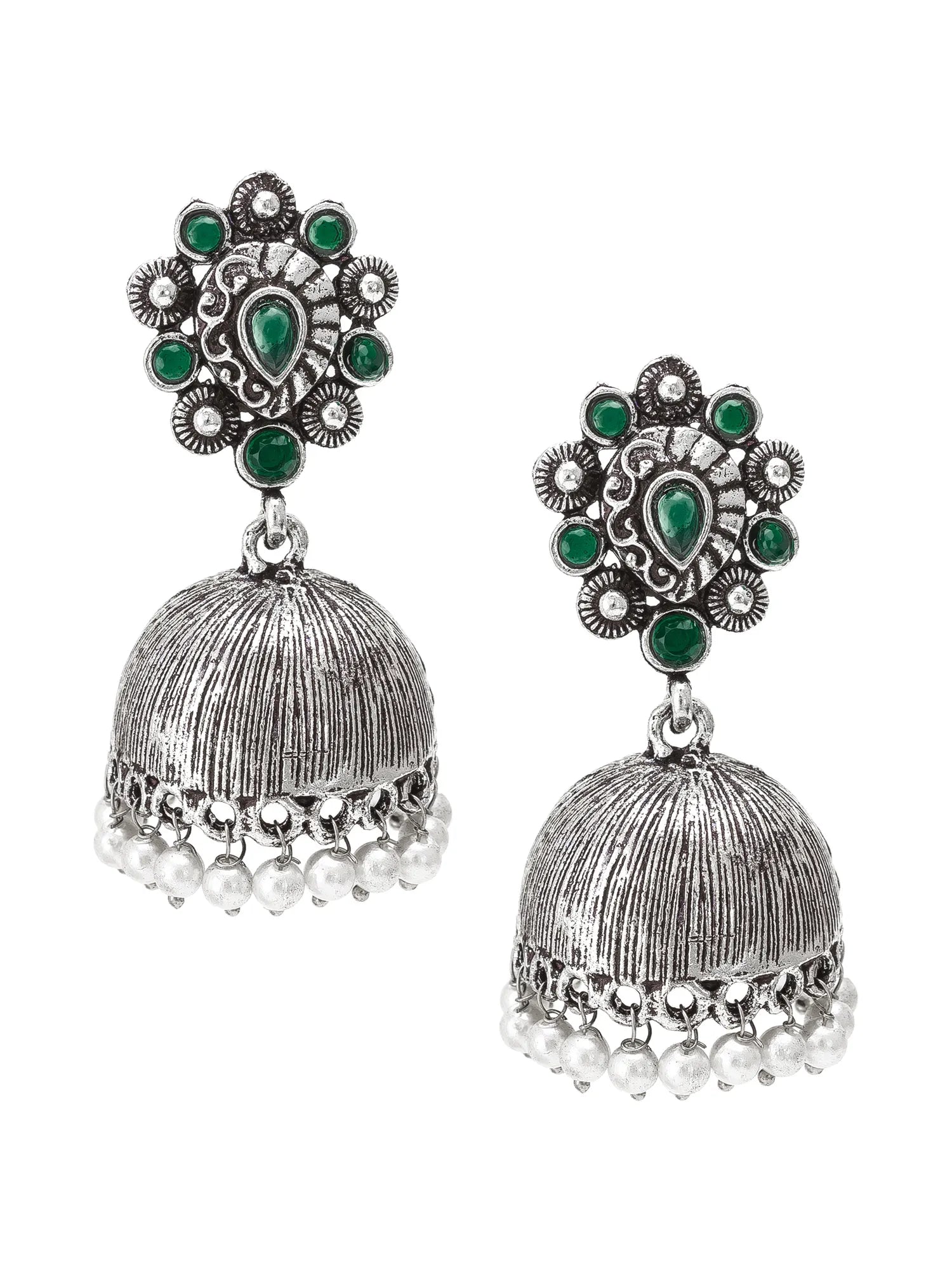 Oxidized Silver Floral Jhumka Earrings On A White Background