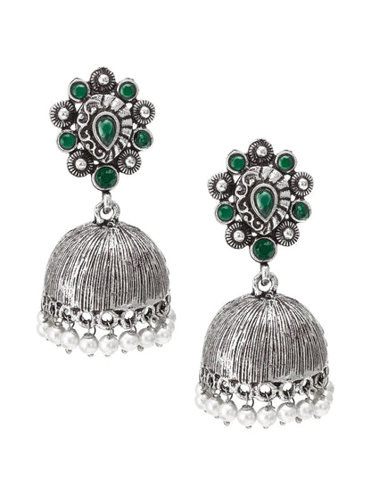 Oxidized Silver Floral Jhumka Earrings On A White Background