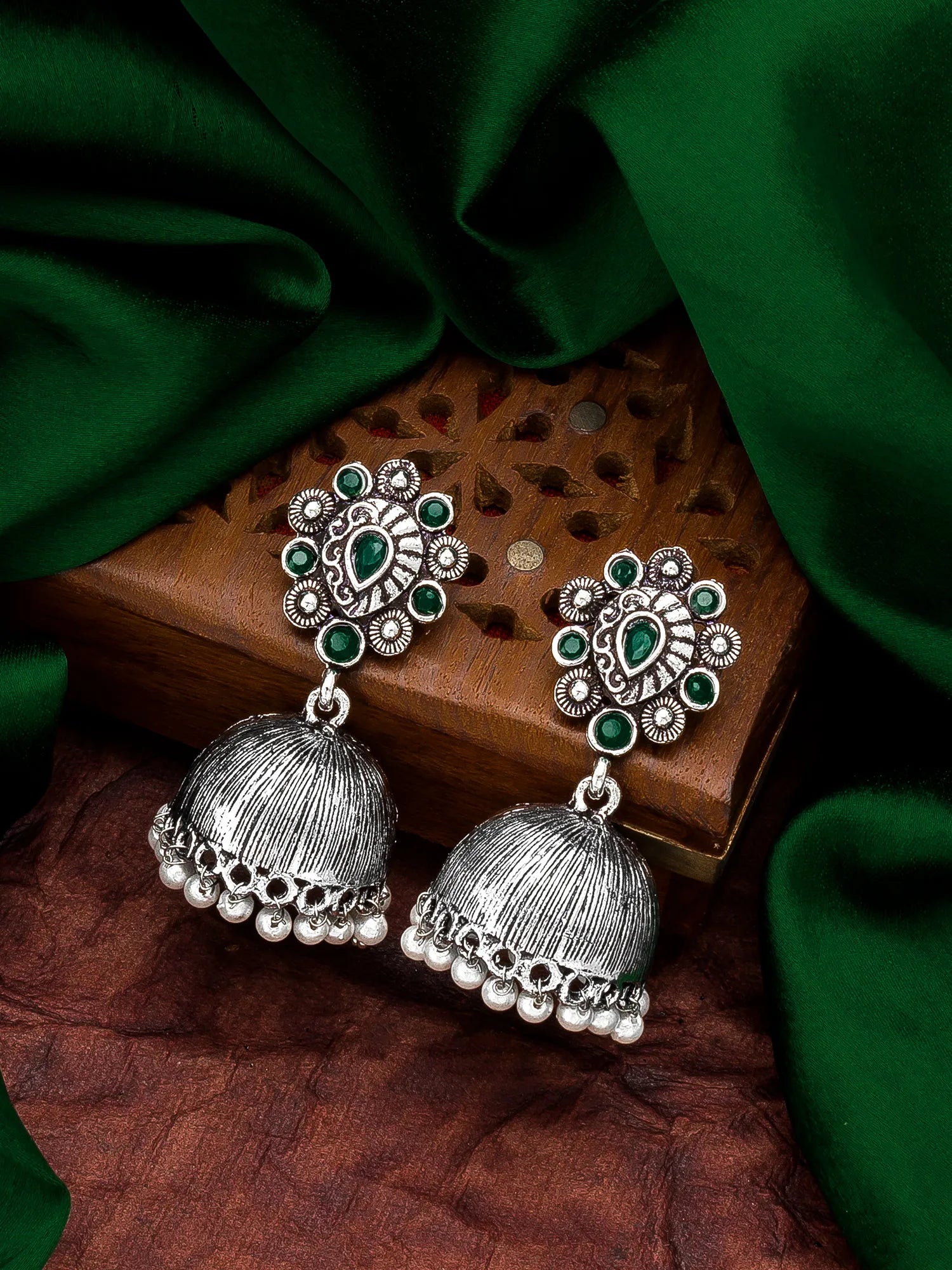 Oxidized Silver Floral Jhumka Earrings