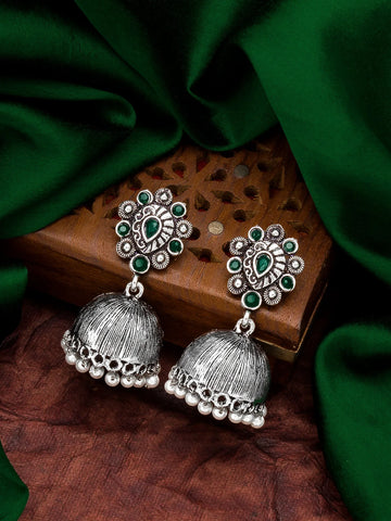 Oxidized Silver Floral Jhumka Earrings