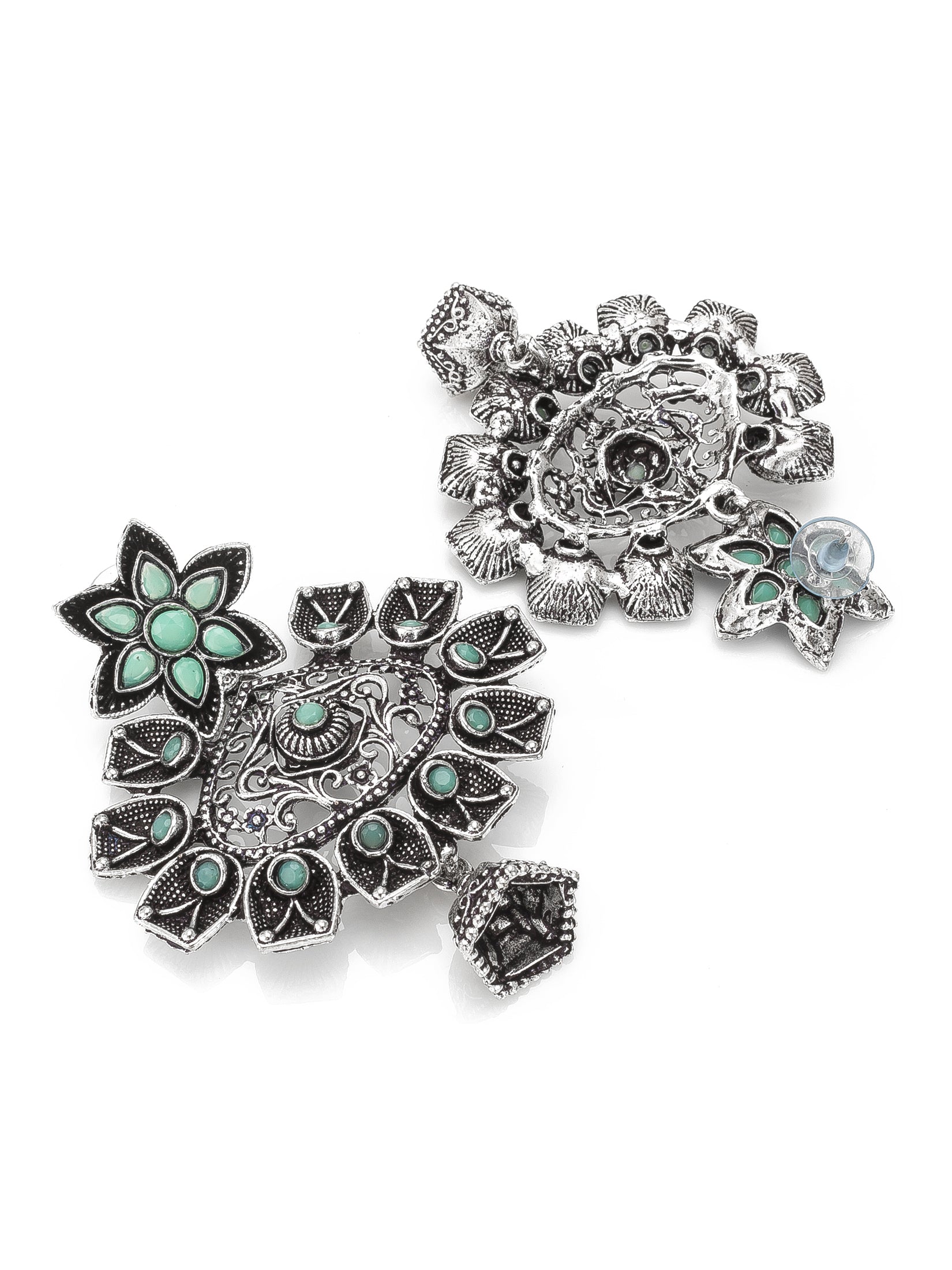 Aadita Oxidized Silver Turquoise Green Stone Floral Chandelier Earrings with Jhumka Drop For Special Navratri Wear