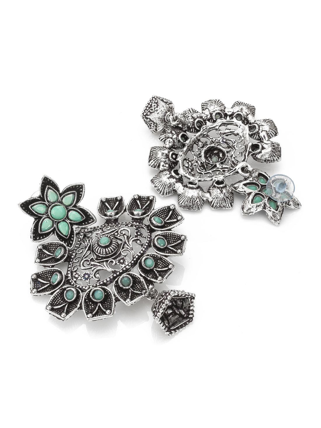 Aadita Oxidized Silver Turquoise Green Stone Floral Chandelier Earrings with Jhumka Drop For Special Navratri Wear