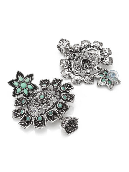 Aadita Oxidized Silver Turquoise Green Stone Floral Chandelier Earrings with Jhumka Drop For Special Navratri Wear