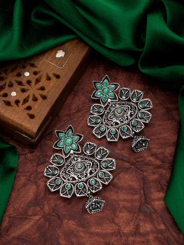 Aadita Oxidized Silver Turquoise Green Stone Floral Chandelier Earrings with Jhumka Drop For Special Navratri Wear