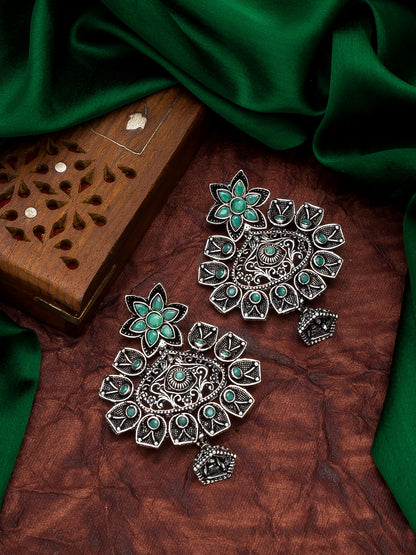 Aadita Oxidized Silver Turquoise Green Stone Floral Chandelier Earrings with Jhumka Drop For Special Navratri Wear