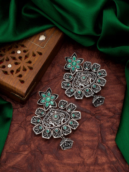 Aadita Oxidized Silver Turquoise Green Stone Floral Chandelier Earrings with Jhumka Drop For Special Navratri Wear