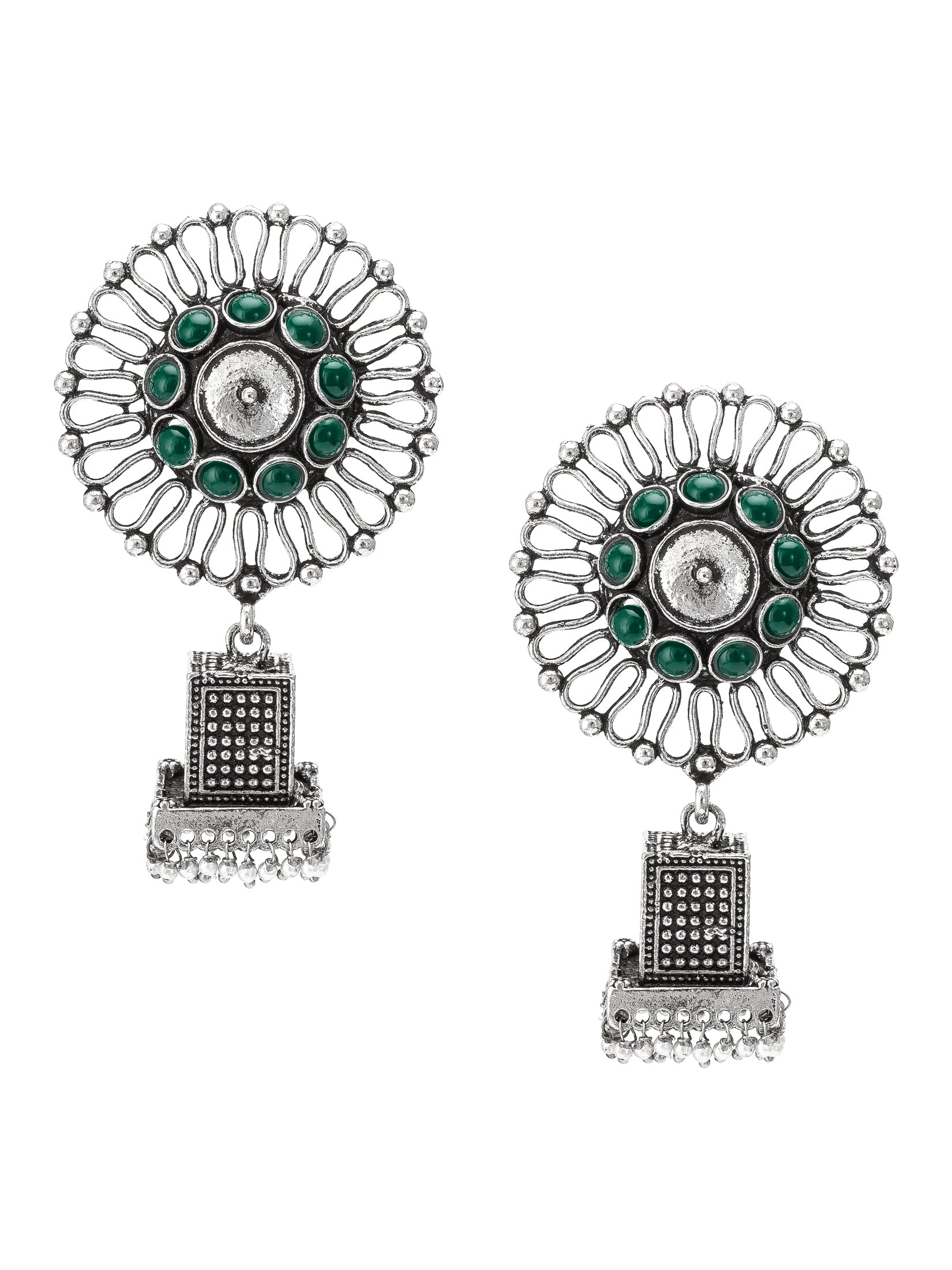 Aadita Navratri Specials Oxidized Silver Green Stone Circular Top Square Jhumka Drop Earrings