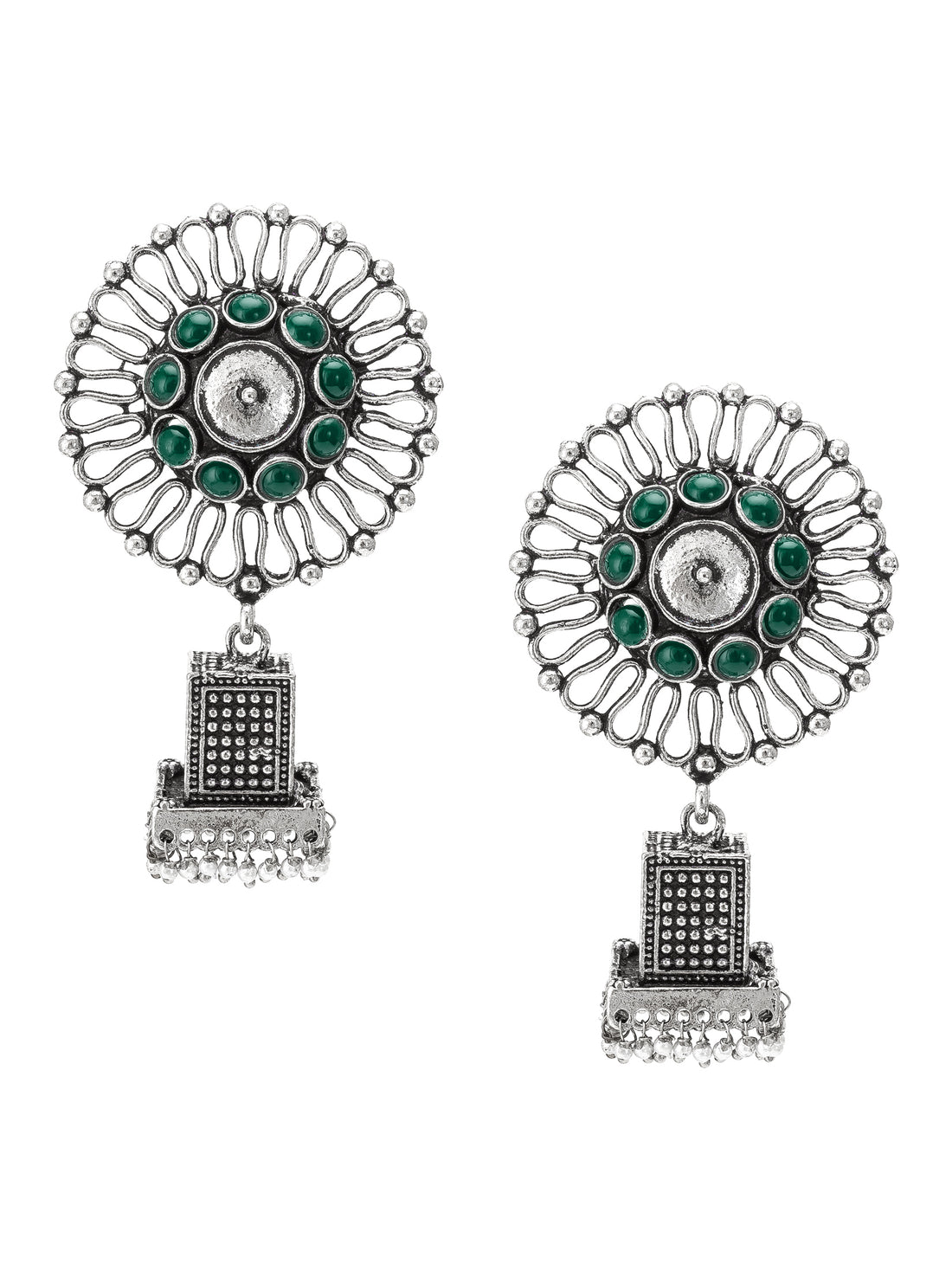 Aadita Navratri Specials Oxidized Silver Green Stone Circular Top Square Jhumka Drop Earrings