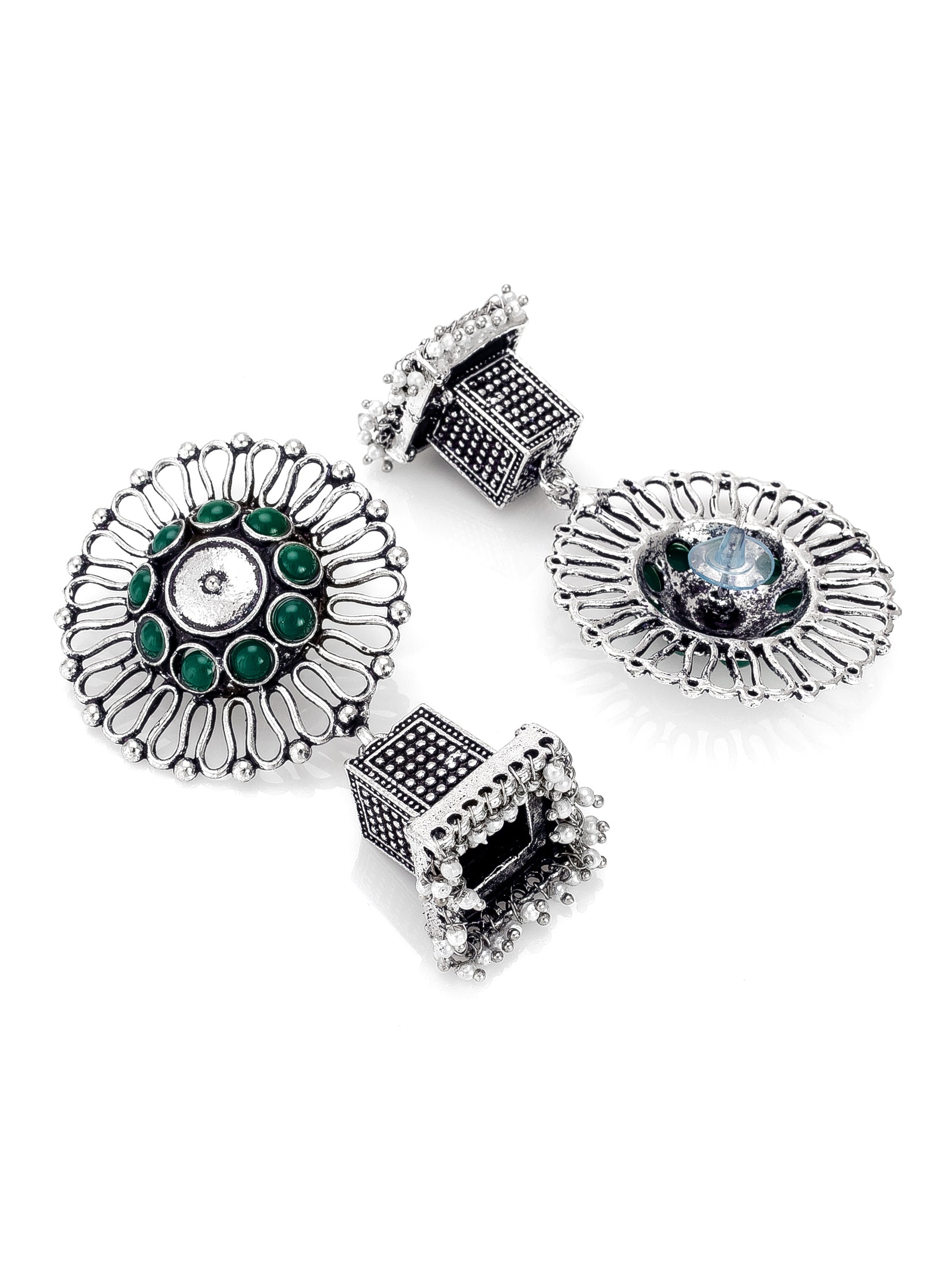 Aadita Navratri Specials Oxidized Silver Green Stone Circular Top Square Jhumka Drop Earrings