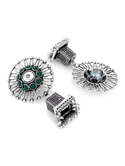 Aadita Navratri Specials Oxidized Silver Green Stone Circular Top Square Jhumka Drop Earrings