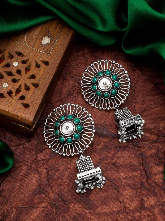 Aadita Navratri Specials Oxidized Silver Green Stone Circular Top Square Jhumka Drop Earrings