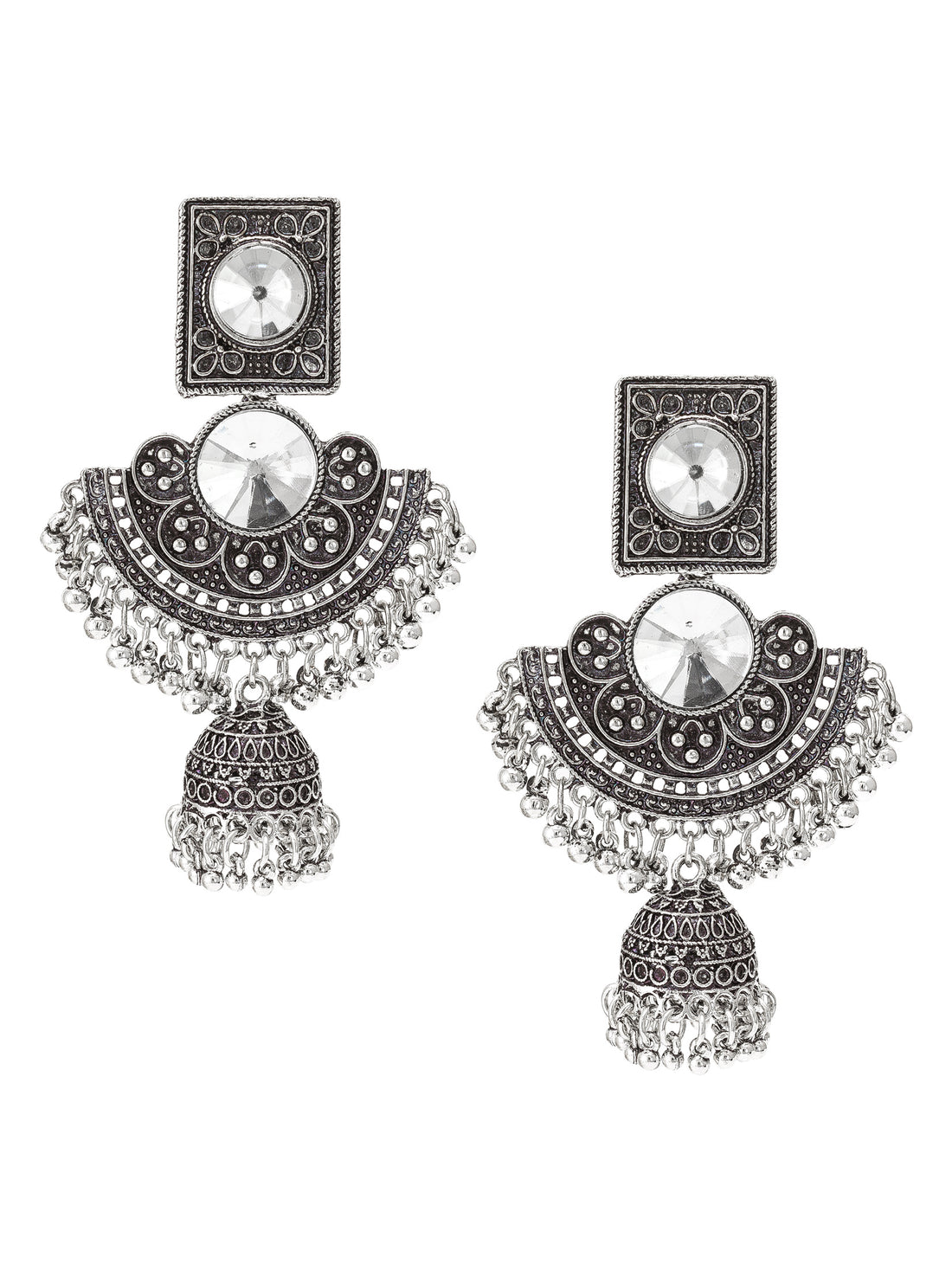 Aadita Navratri Wear Oxidized Silver-Toned Chandbali Jhumka Earrings with Mirror Stone and Ghungroo Drops