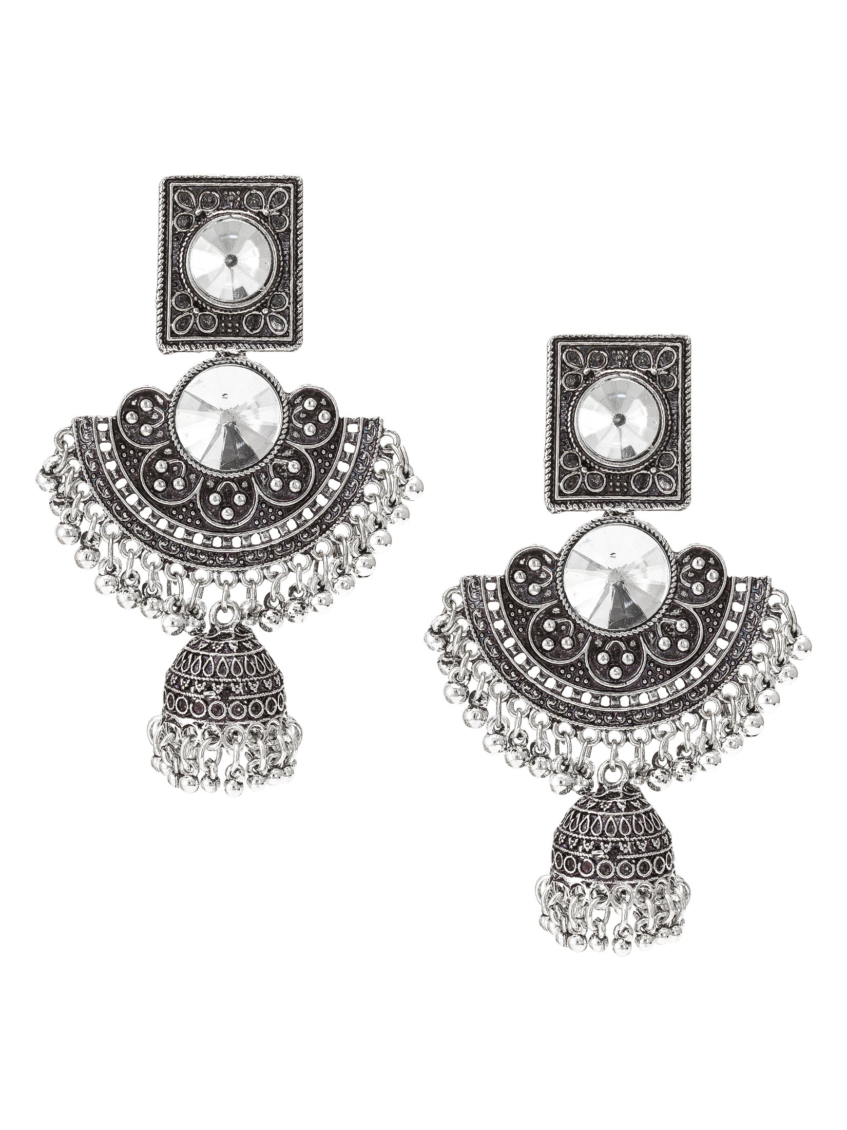Aadita Navratri Wear Oxidized Silver-Toned Chandbali Jhumka Earrings with Mirror Stone and Ghungroo Drops