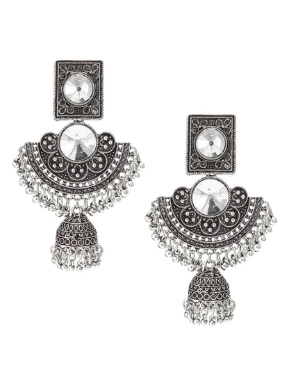 Aadita Navratri Wear Oxidized Silver-Toned Chandbali Jhumka Earrings with Mirror Stone and Ghungroo Drops
