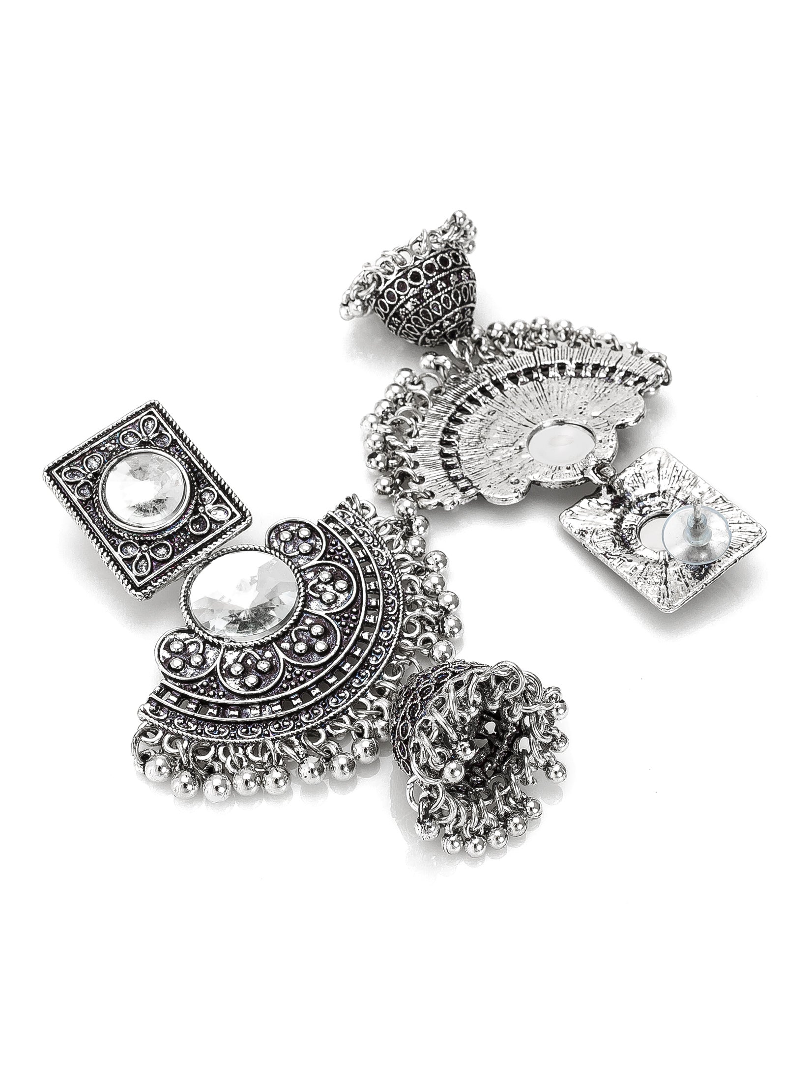 Aadita Navratri Wear Oxidized Silver-Toned Chandbali Jhumka Earrings with Mirror Stone and Ghungroo Drops