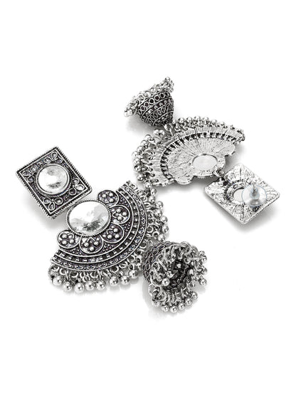 Aadita Navratri Wear Oxidized Silver-Toned Chandbali Jhumka Earrings with Mirror Stone and Ghungroo Drops