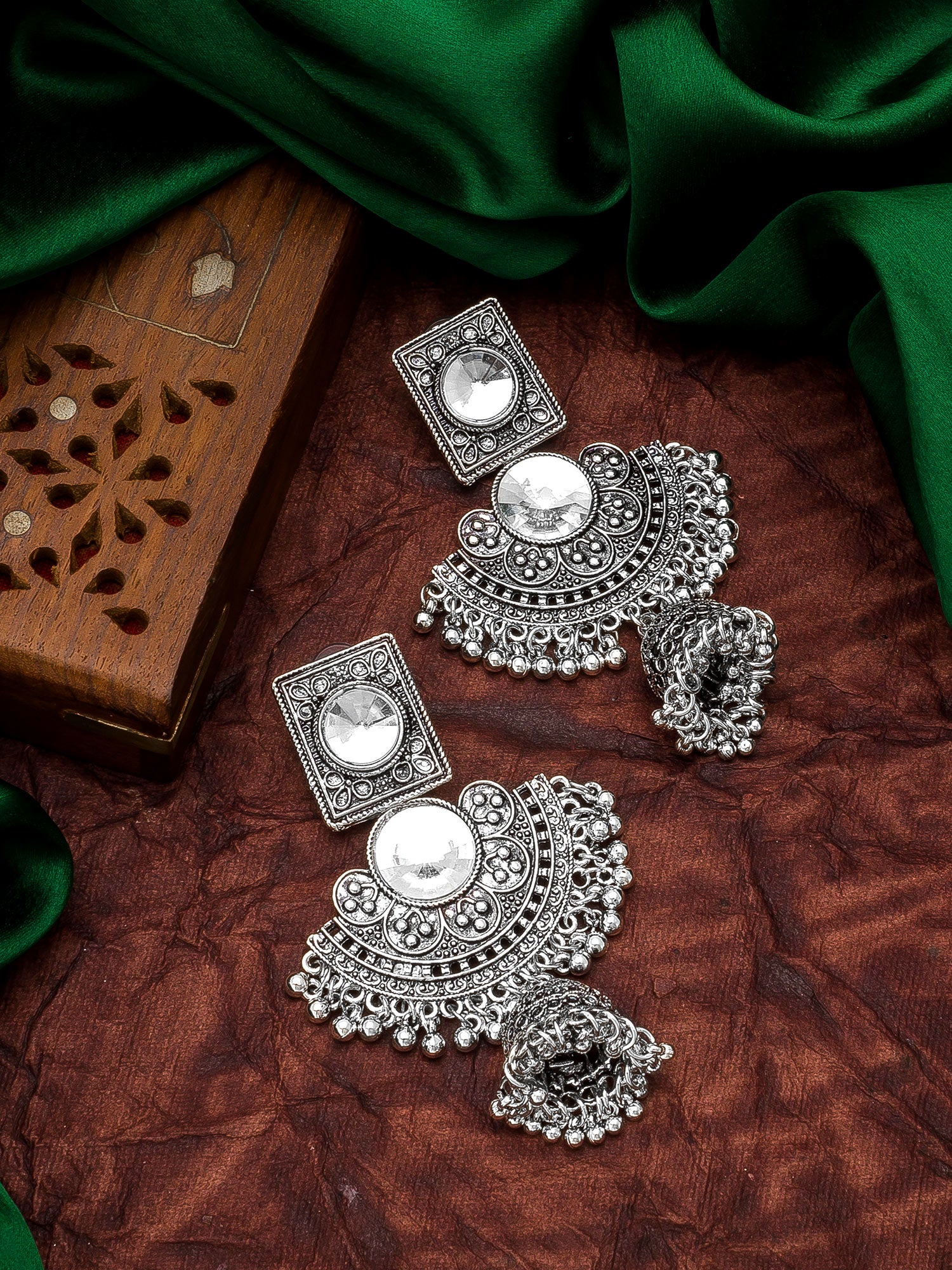 Aadita Navratri Wear Oxidized Silver-Toned Chandbali Jhumka Earrings with Mirror Stone and Ghungroo Drops