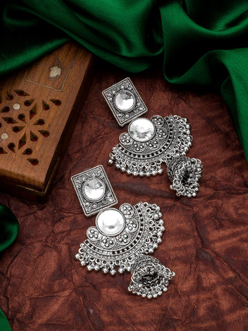 Aadita Navratri Wear Oxidized Silver-Toned Chandbali Jhumka Earrings with Mirror Stone and Ghungroo Drops