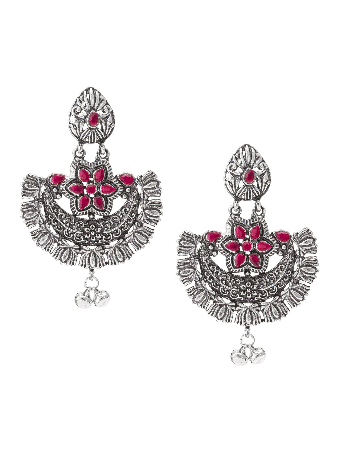 Aadita Navratri Special Oxidized Silver-Toned Chandbali Earrings with Pink Stones and Ghungroo Drops
