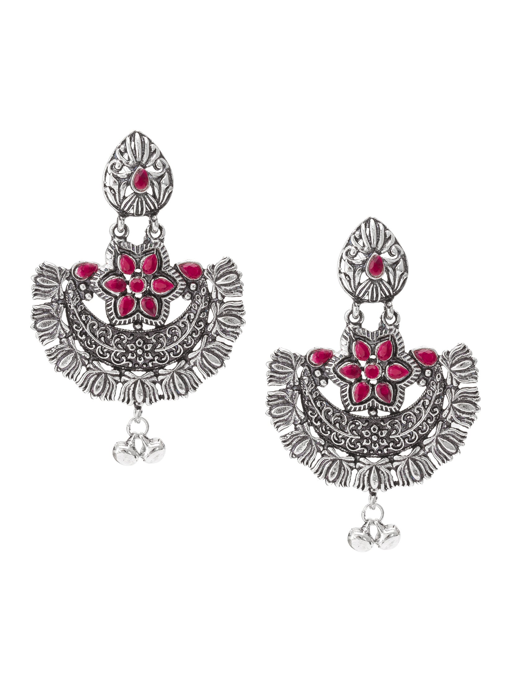 Aadita Navratri Special Oxidized Silver-Toned Chandbali Earrings with Pink Stones and Ghungroo Drops