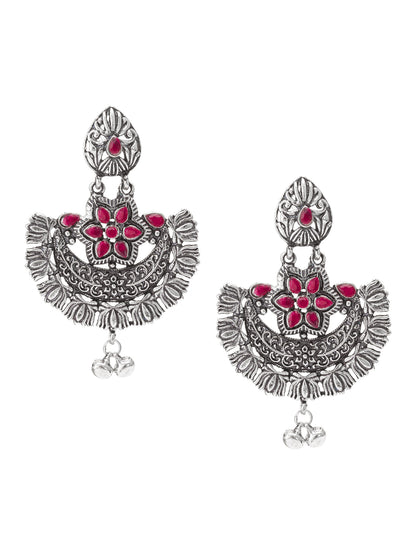 Aadita Navratri Special Oxidized Silver-Toned Chandbali Earrings with Pink Stones and Ghungroo Drops
