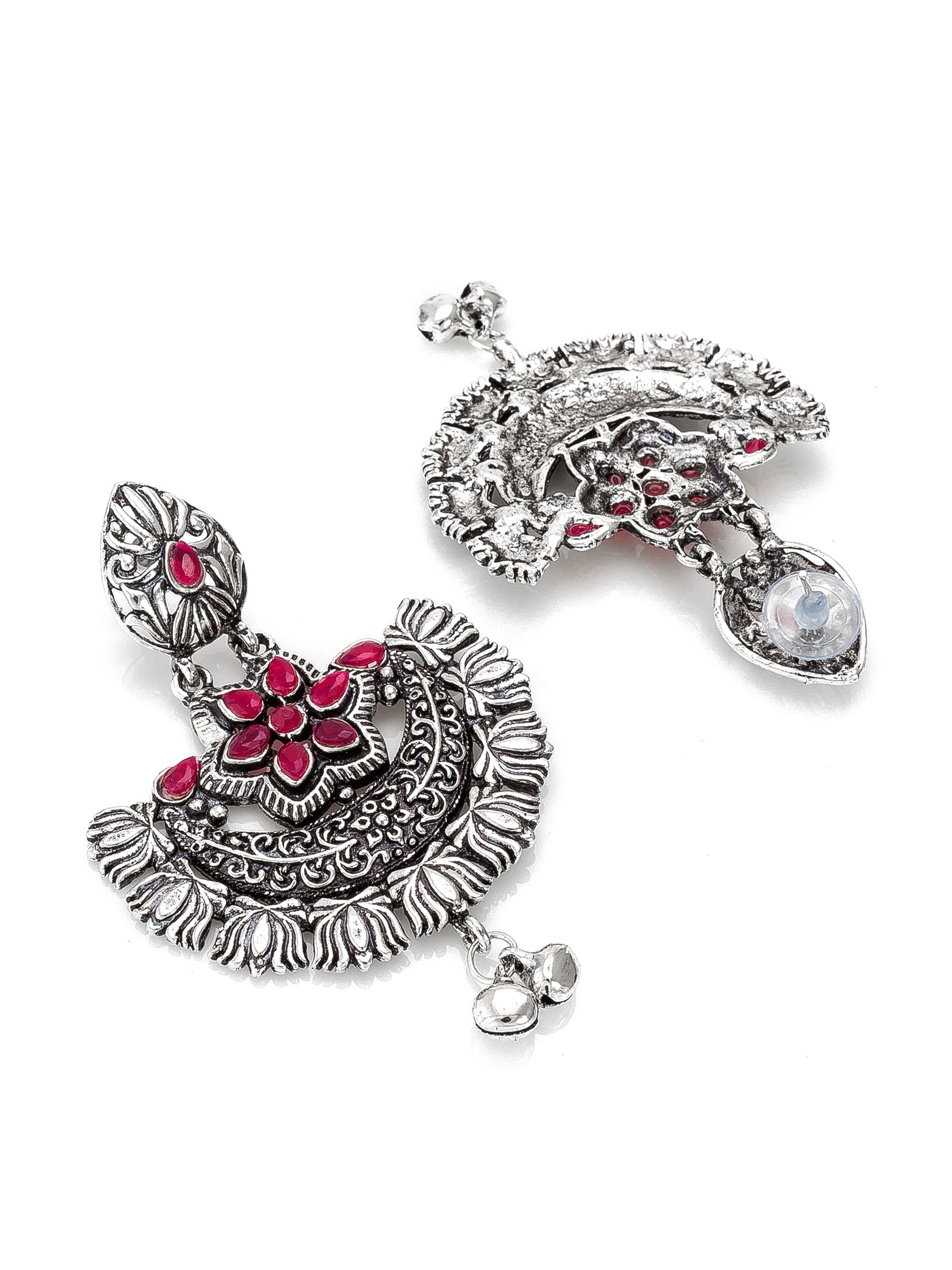 Aadita Navratri Special Oxidized Silver-Toned Chandbali Earrings with Pink Stones and Ghungroo Drops