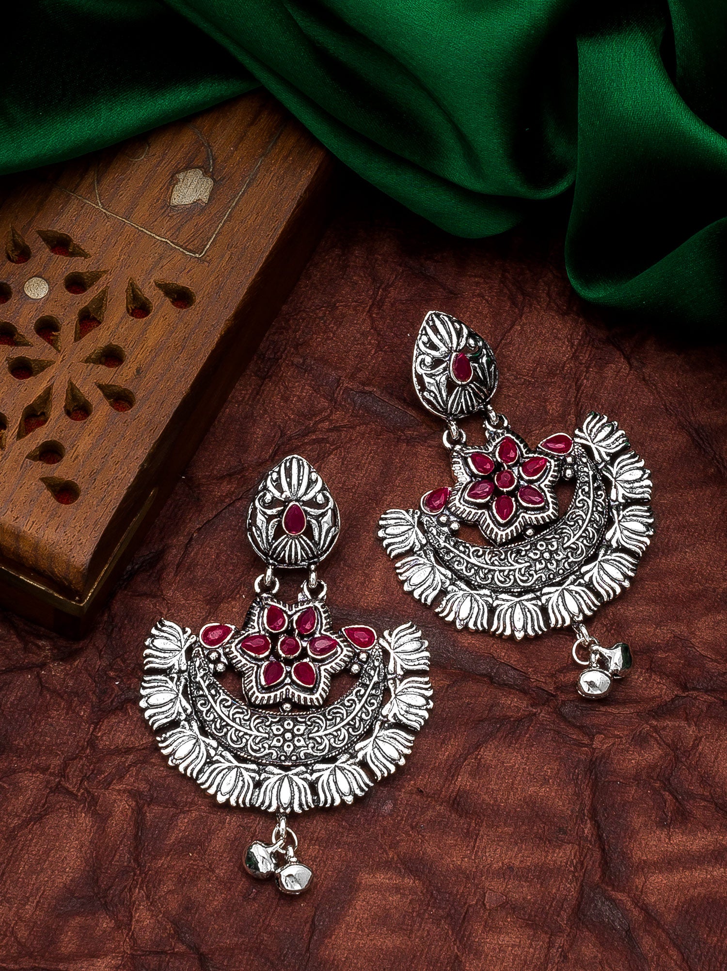 Aadita Navratri Special Oxidized Silver-Toned Chandbali Earrings with Pink Stones and Ghungroo Drops