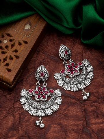 Aadita Navratri Special Oxidized Silver-Toned Chandbali Earrings with Pink Stones and Ghungroo Drops