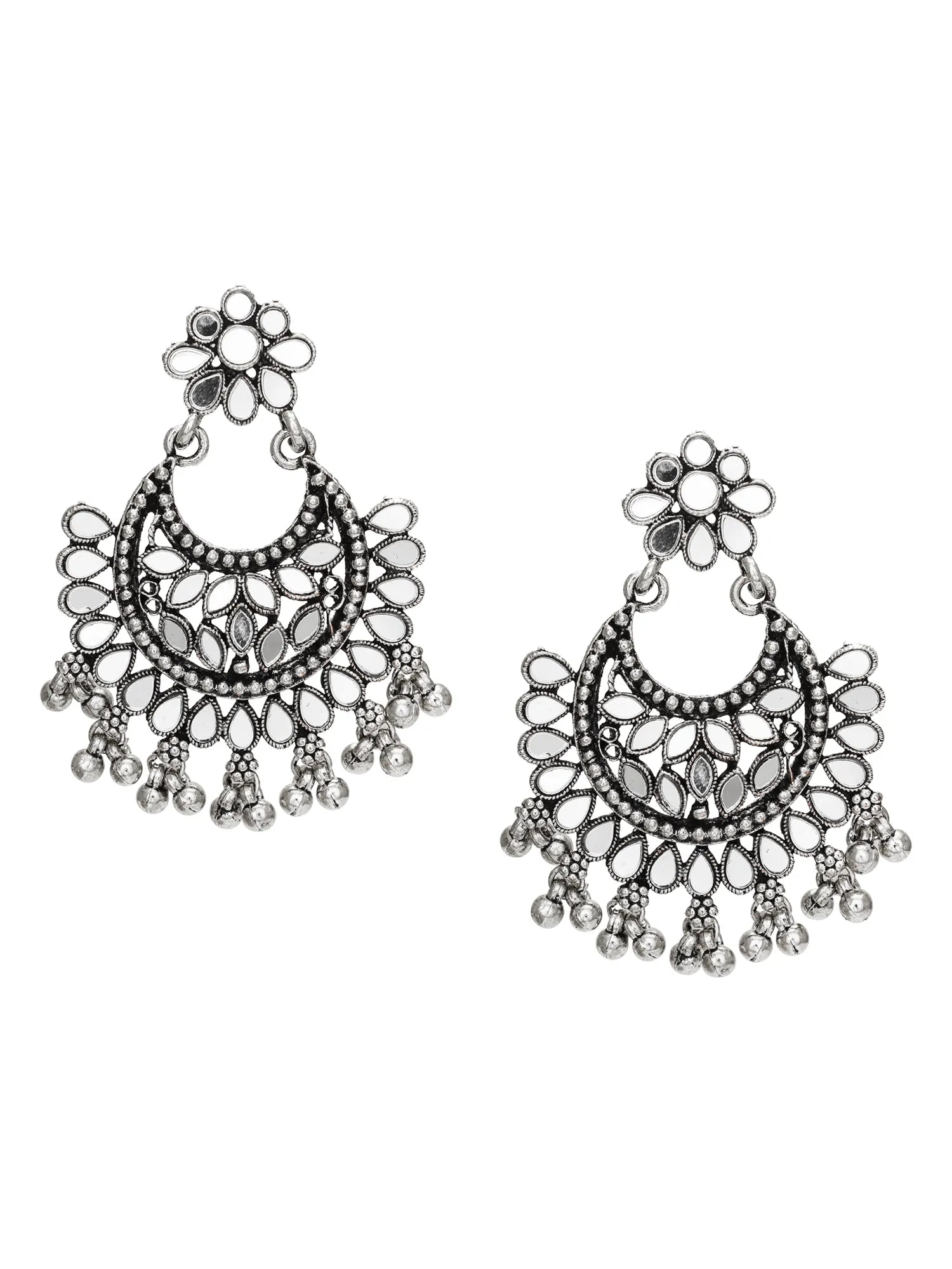 A pair of silver-toned filigree dangle earrings with floral stud tops and teardrop-shaped dangling charms, shown on a plain white background.