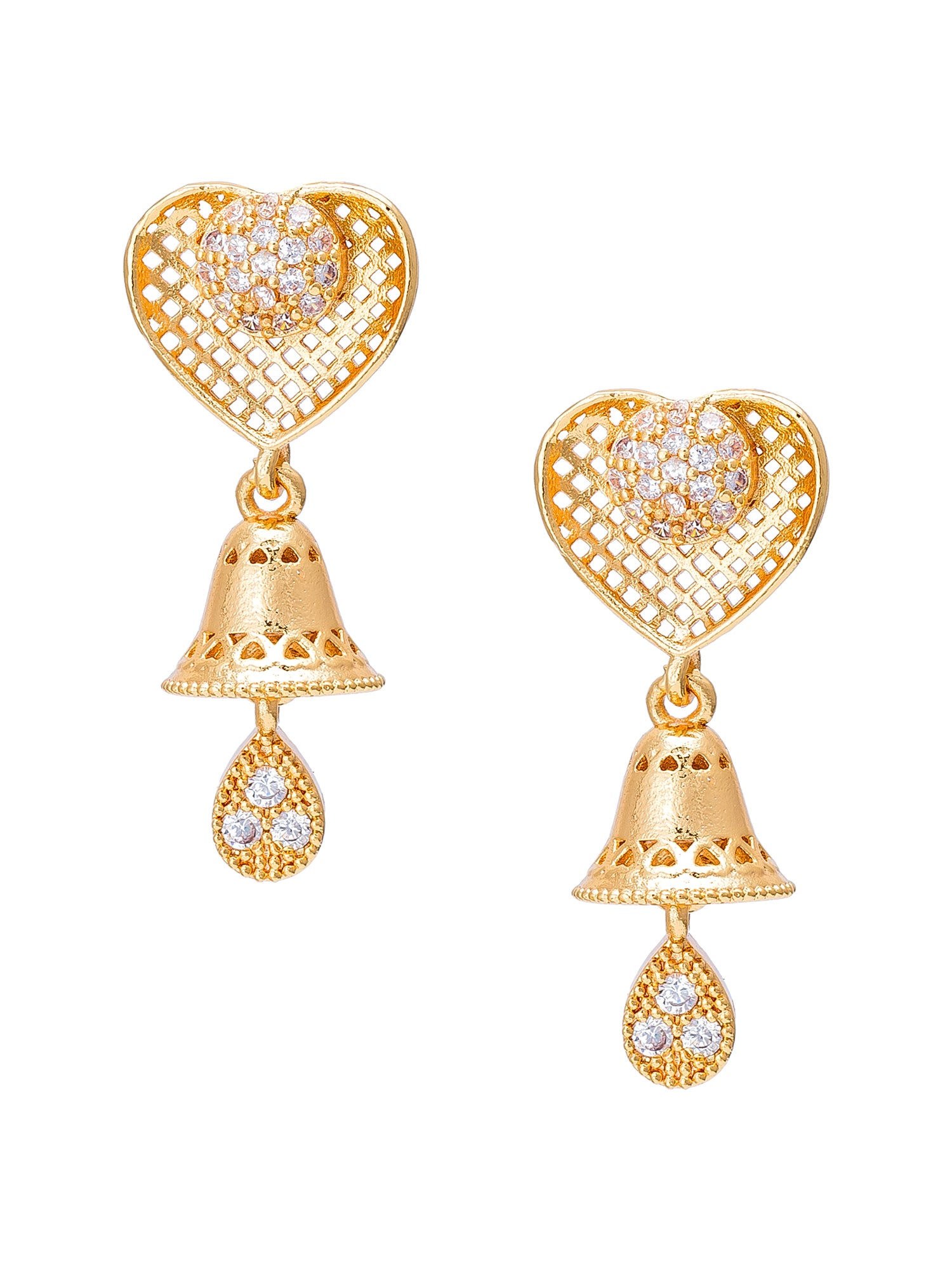 Aadita Casual Ethnic Gold-Toned Heart Filigree Jhumka Earrings with Stone-Studded