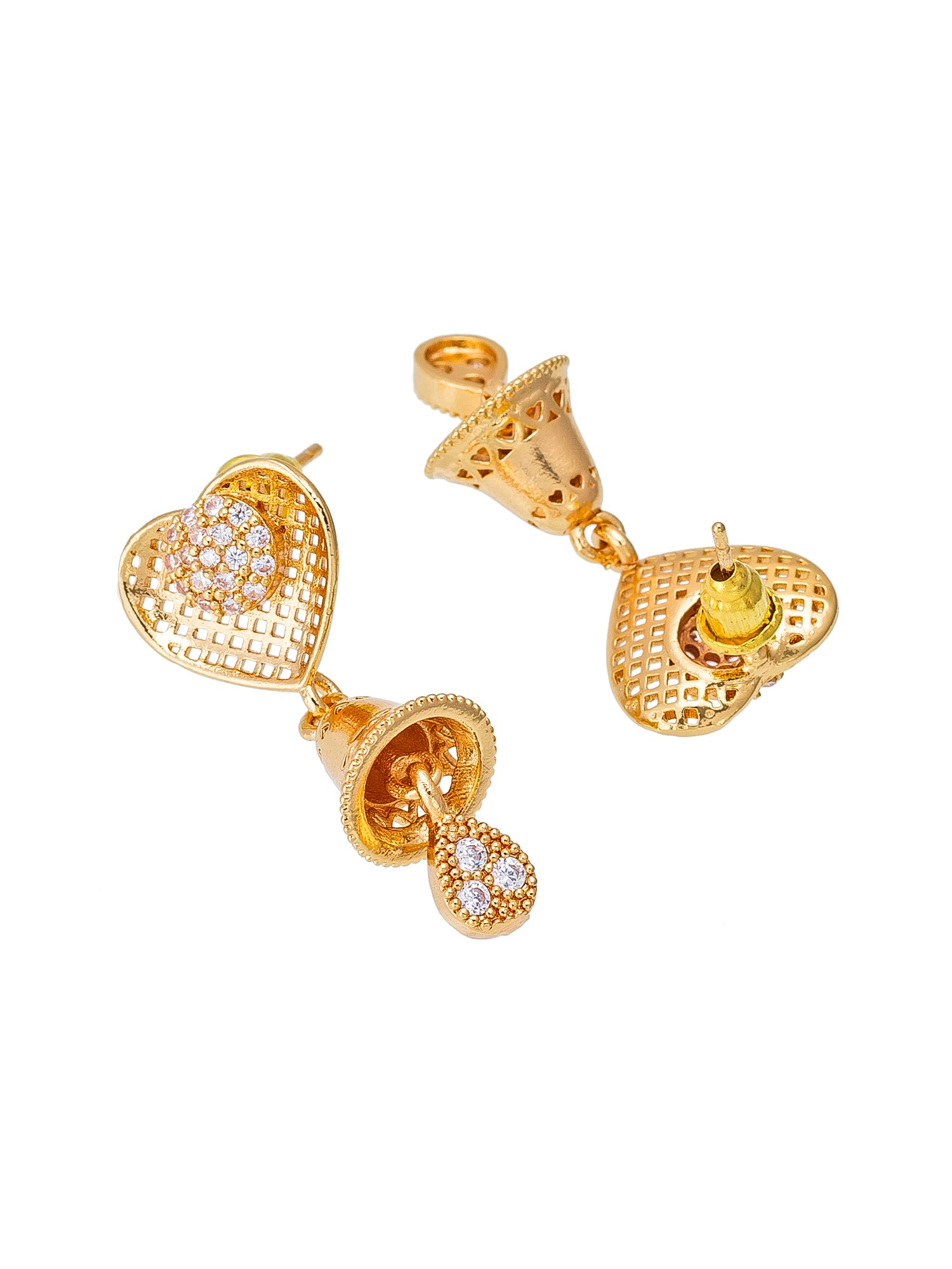 Aadita Casual Ethnic Gold-Toned Heart Filigree Jhumka Earrings with Stone-Studded
