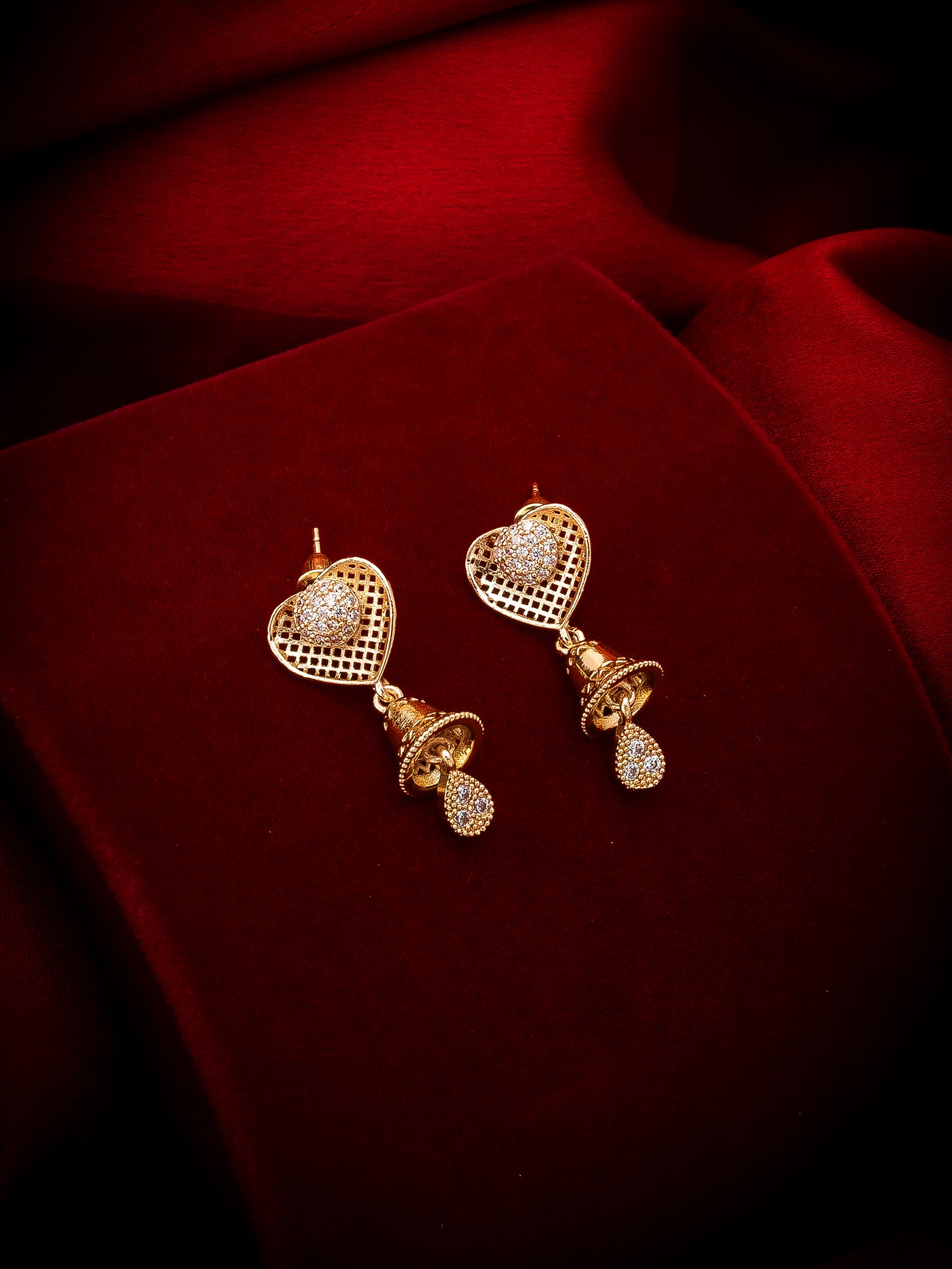 Aadita Casual Ethnic Gold-Toned Heart Filigree Jhumka Earrings with Stone-Studded