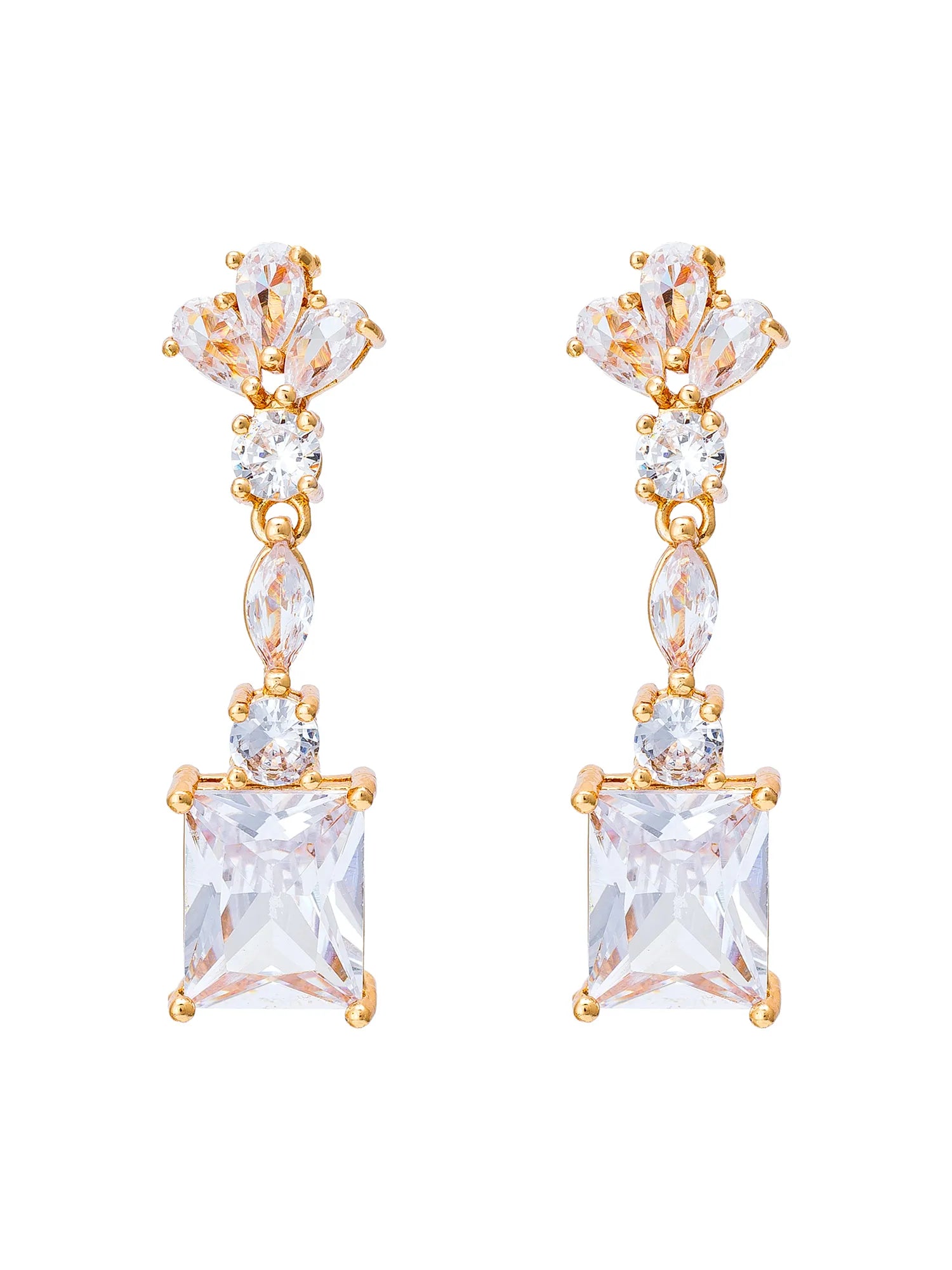 A pair of gold drop earrings featuring clear faceted gemstones, including a large rectangular clear stone at the bottom, a marquise-shaped clear stone, and a round clear stone, with a floral cluster of clear stones at the top.