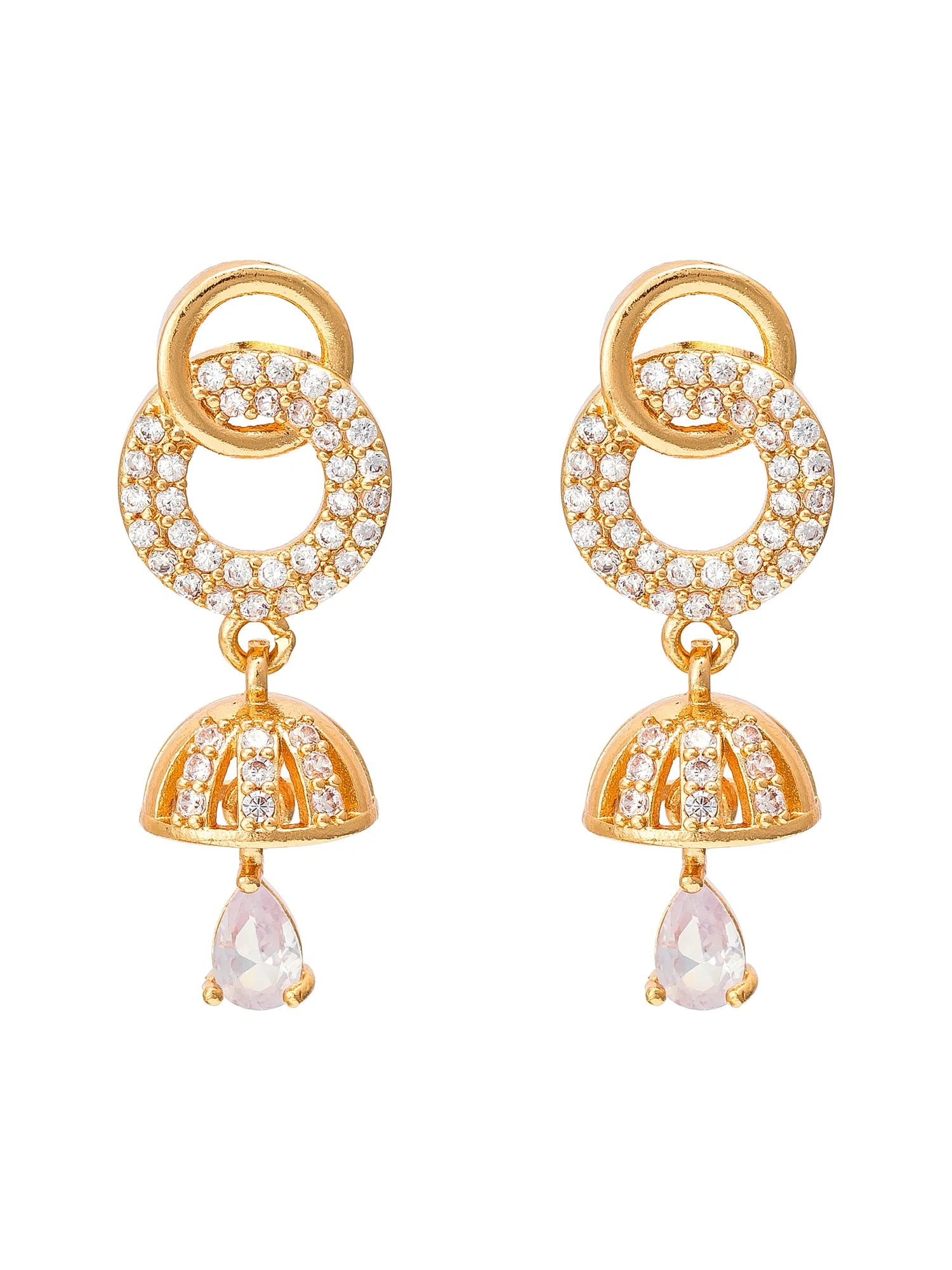 A pair of gold-plated jhumka earrings adorned with pavé-set clear crystals and a dangling pear-cut light pink stone, shown against a plain white background.