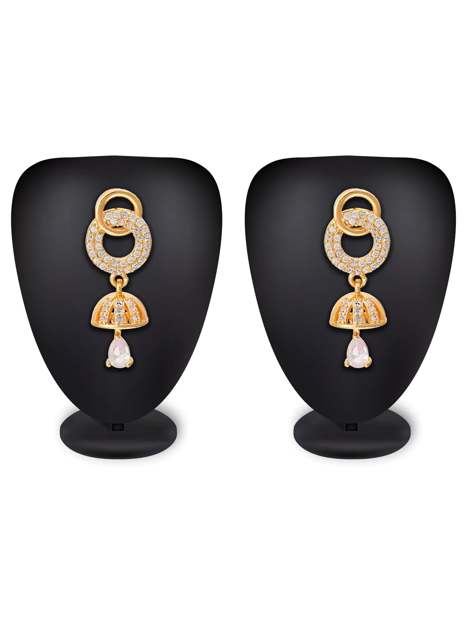 A pair of gold dangle earrings displayed on black mannequin busts against a white background. The earrings feature a circular top set with small clear stones, a gold bell-shaped drop, and a teardrop-shaped clear stone at the bottom.