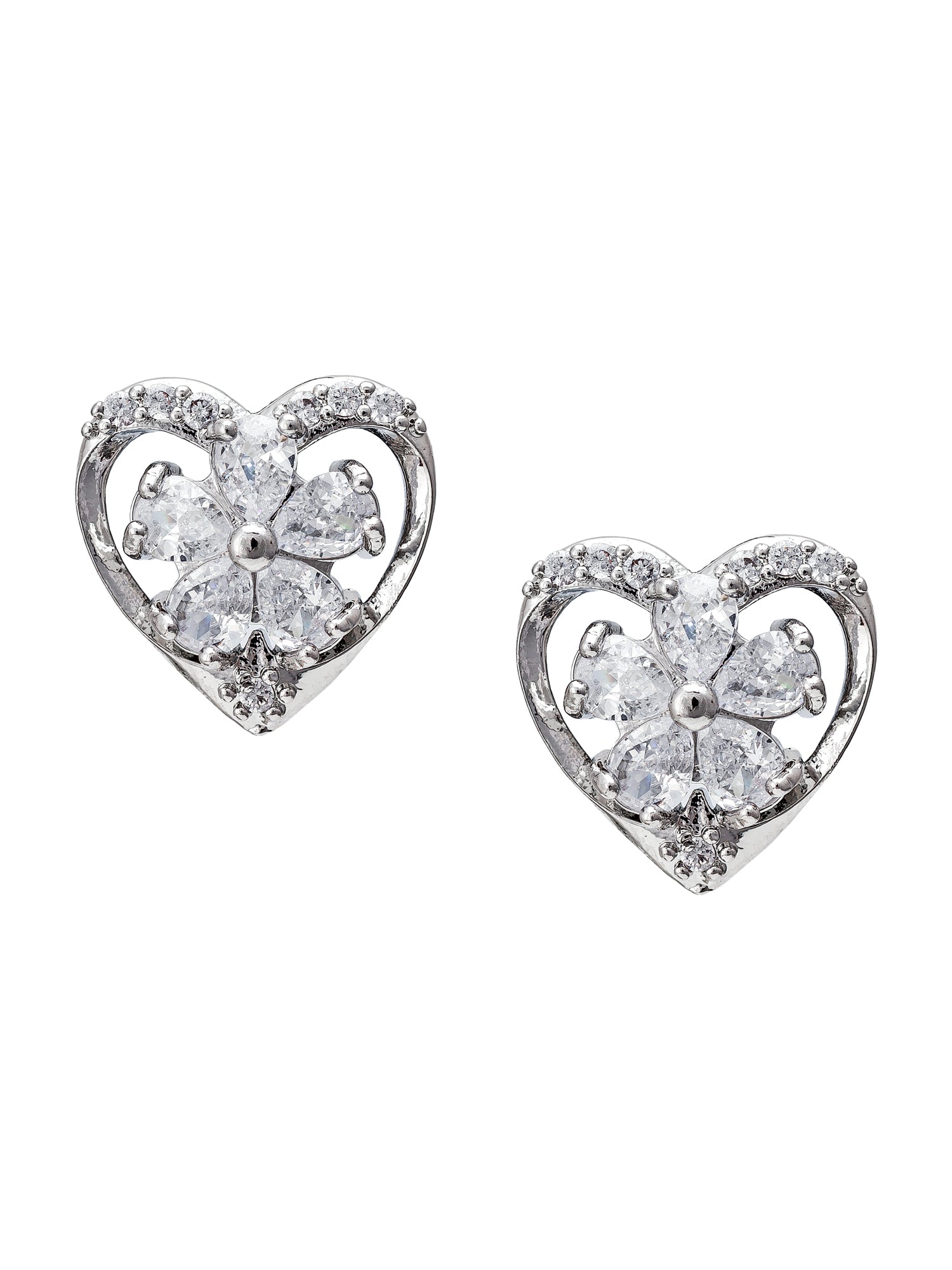 Aadita Office Wear Silver-Plated White AD Stone Heart and Floral Stud Earrings