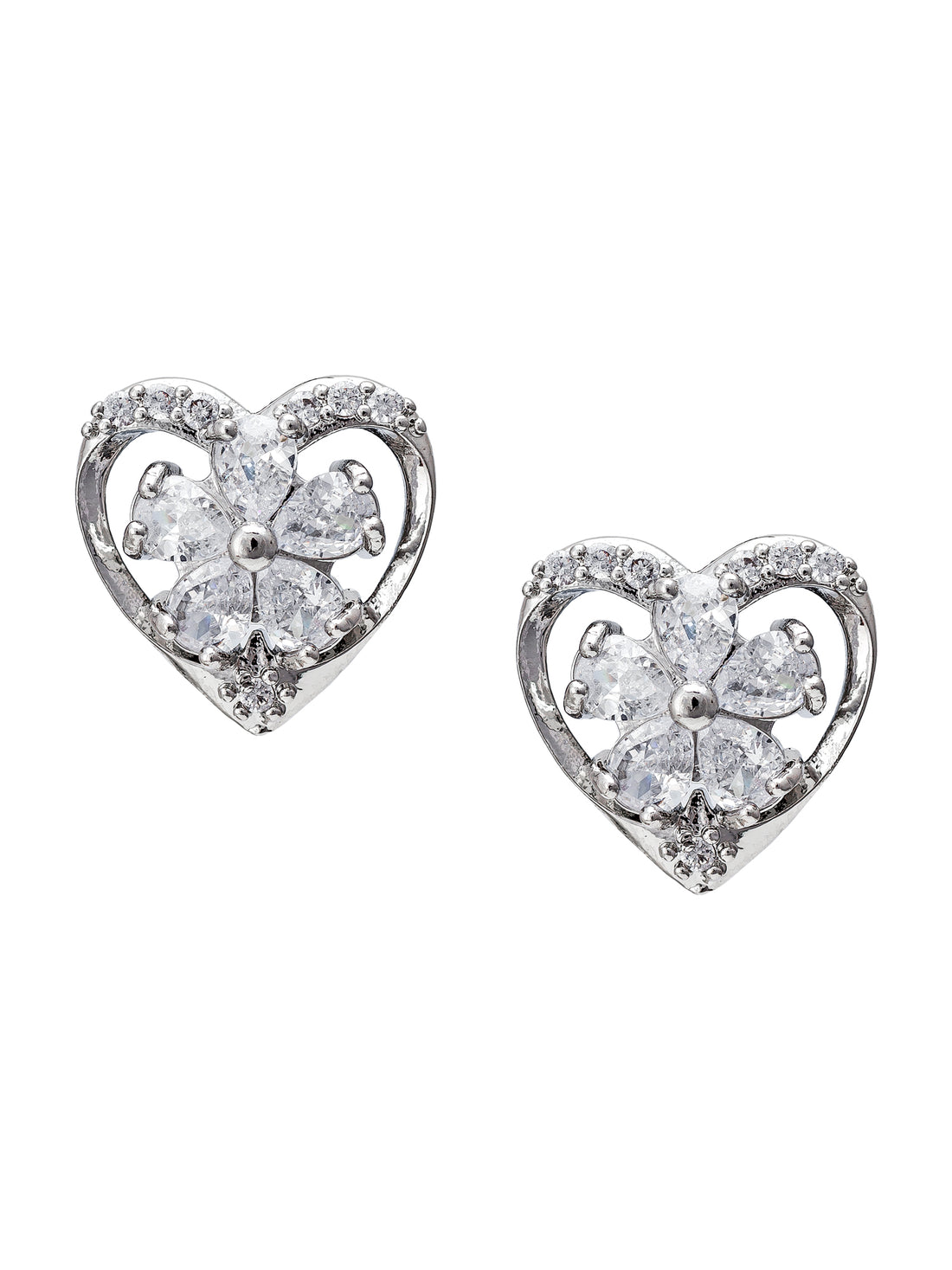 Aadita Office Wear Silver-Plated White AD Stone Heart and Floral Stud Earrings