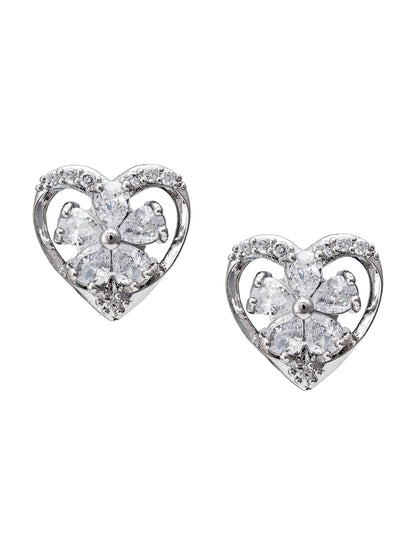 Aadita Office Wear Silver-Plated White AD Stone Heart and Floral Stud Earrings