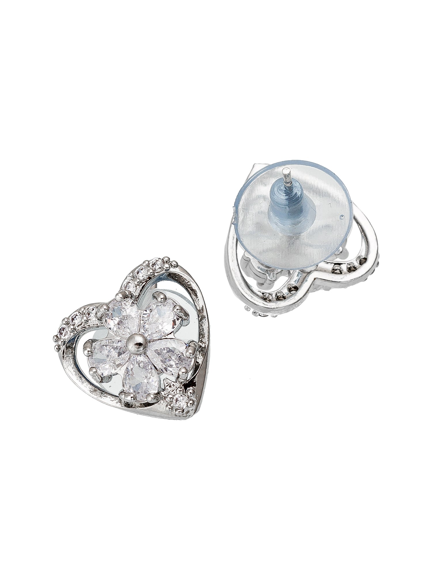 Aadita Office Wear Silver-Plated White AD Stone Heart and Floral Stud Earrings