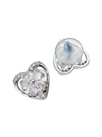 Aadita Office Wear Silver-Plated White AD Stone Heart and Floral Stud Earrings