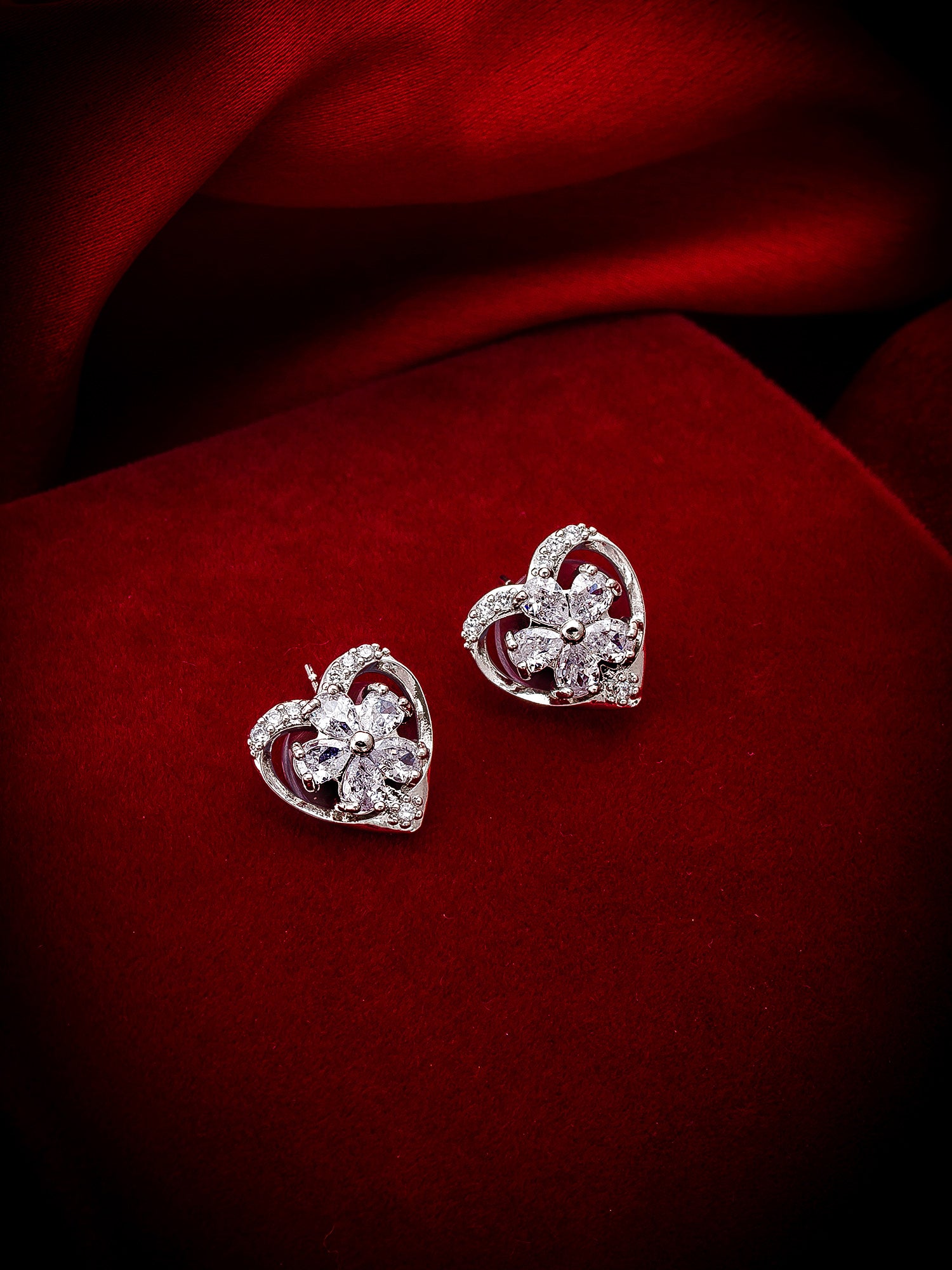 Aadita Office Wear Silver-Plated White AD Stone Heart and Floral Stud Earrings