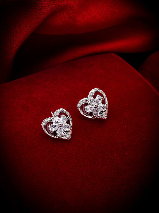 Aadita Office Wear Silver-Plated White AD Stone Heart and Floral Stud Earrings