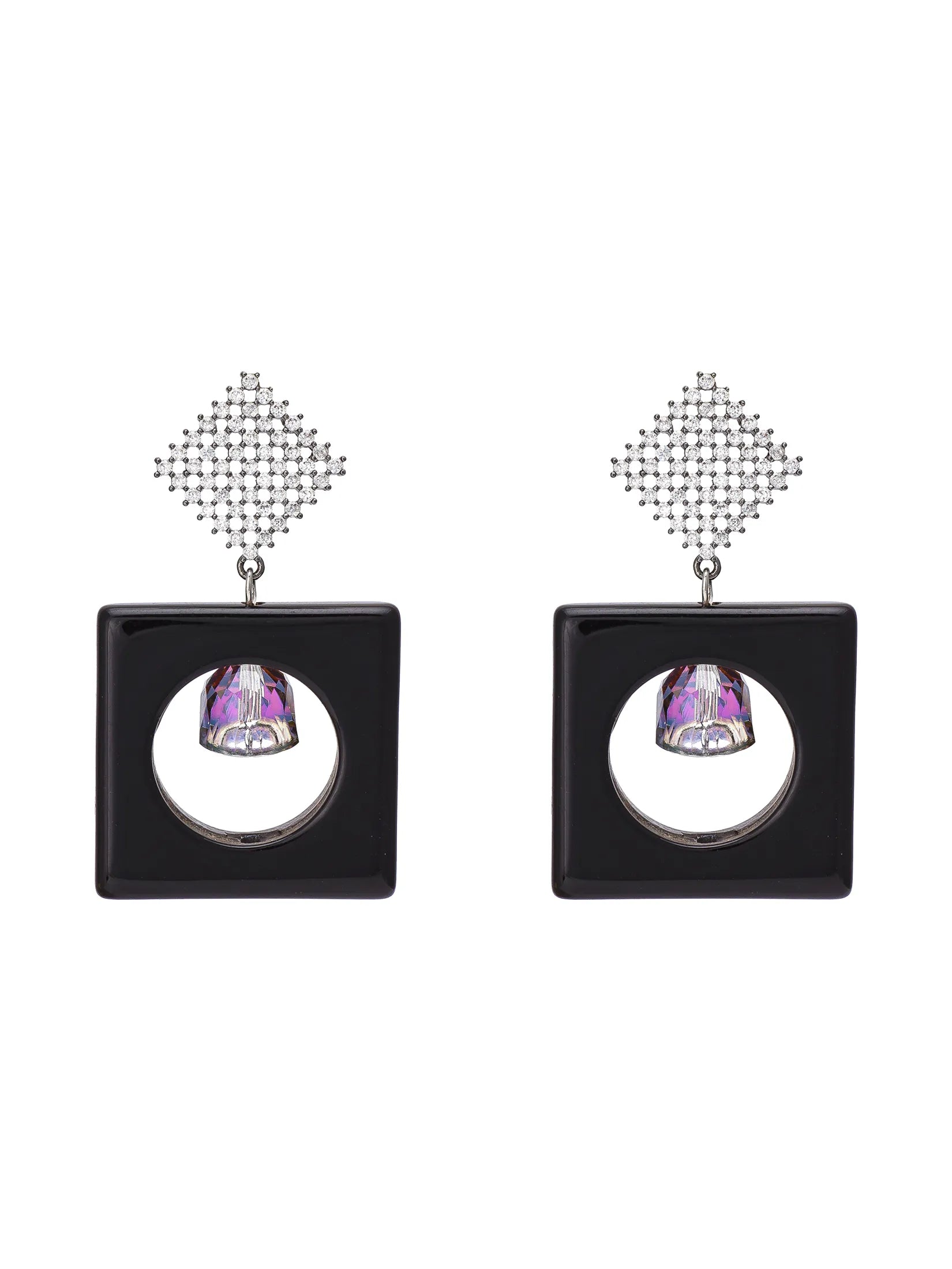 A pair of statement dangle earrings featuring a black square frame with a circular cutout, a faceted purple crystal accent, and a silver rhinestone-detailed diamond-shaped top, shown against a plain white background.