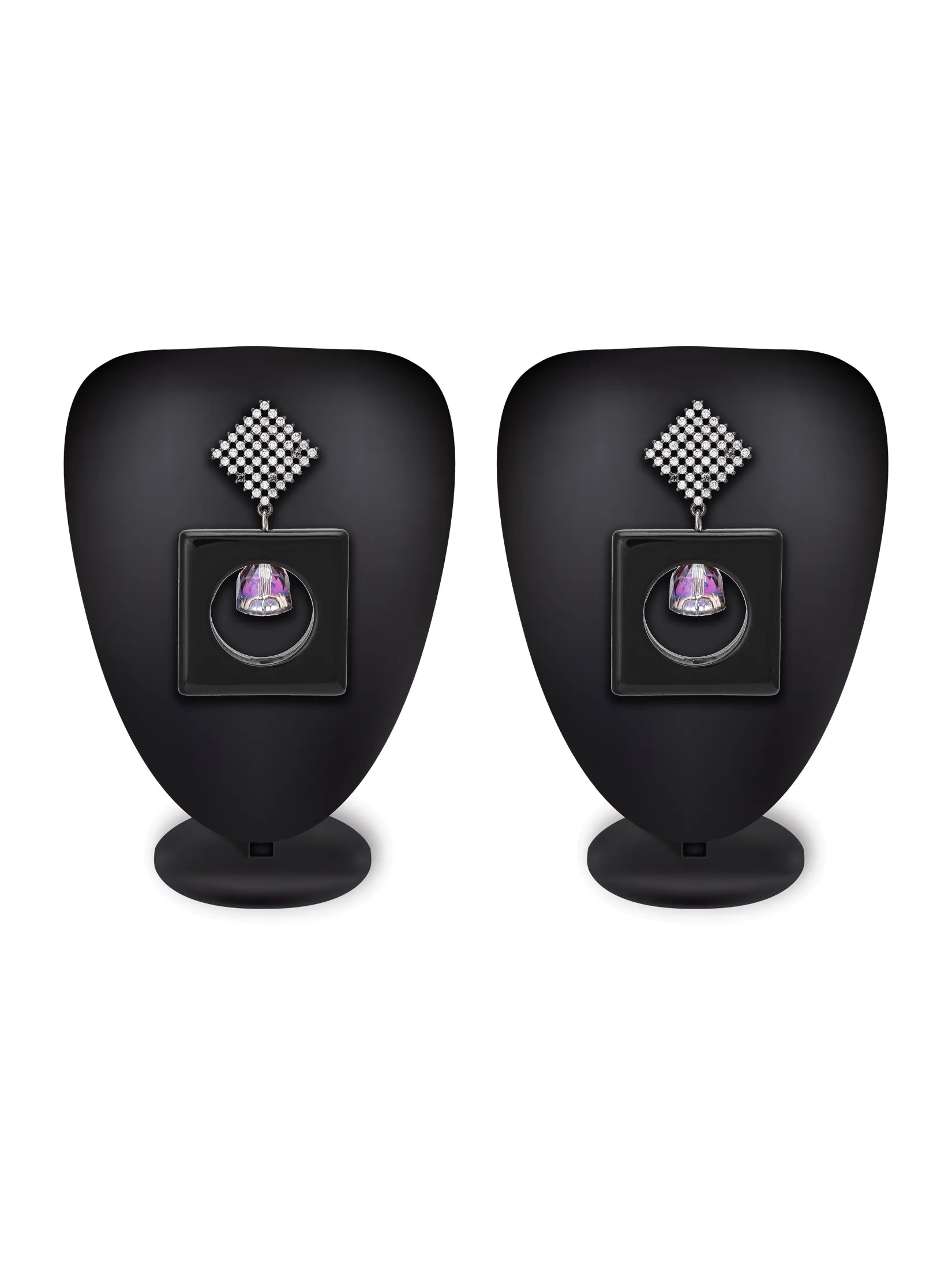 A pair of black teardrop-shaped jewelry display stands with a checkerboard pattern and a purple gemstone in the center, shown on a plain white background.