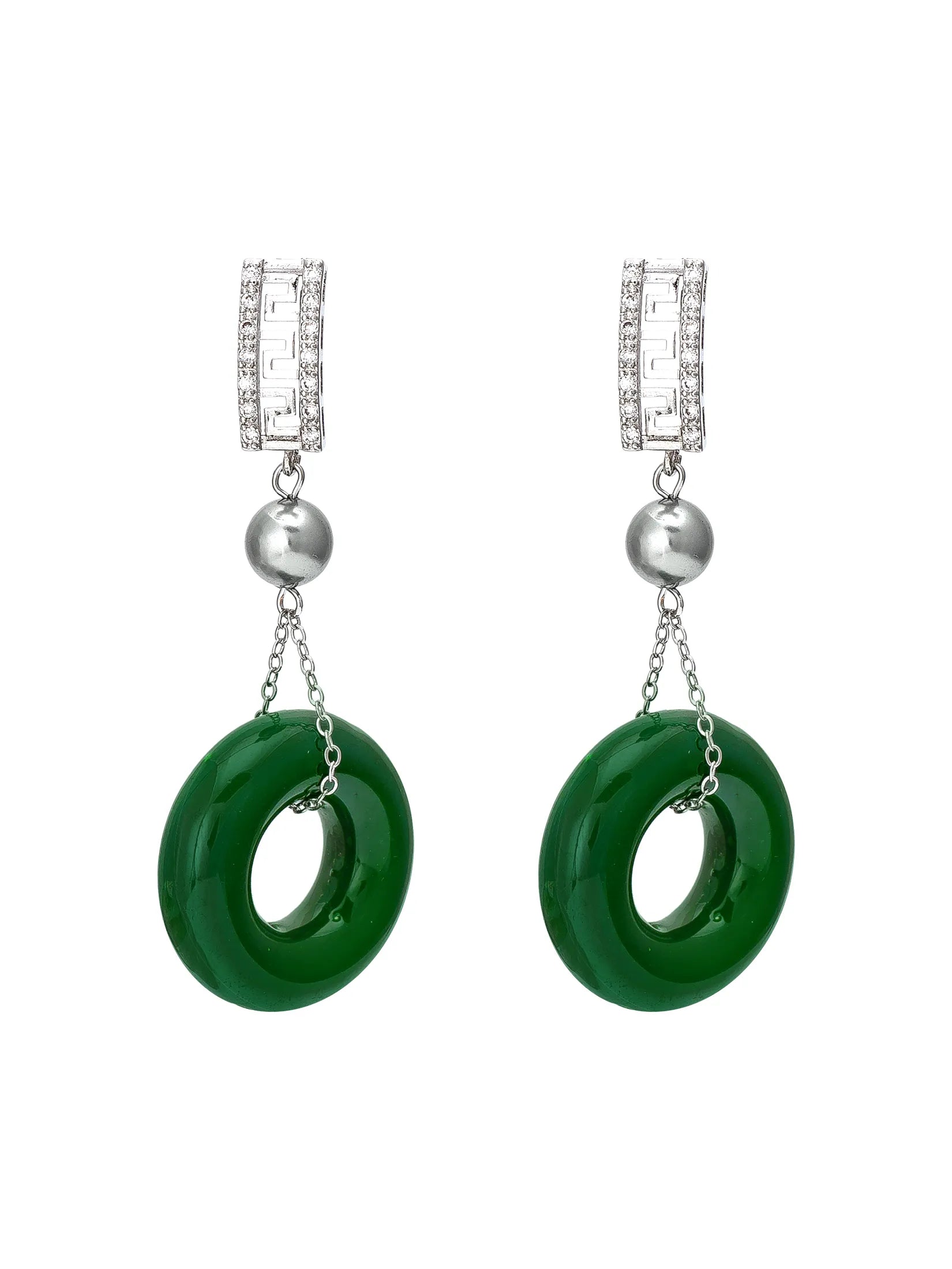 A pair of silver drop earrings featuring a rectangular pavé top, a polished silver bead, and a dangling green jadeite ring charm, set against a plain white background.