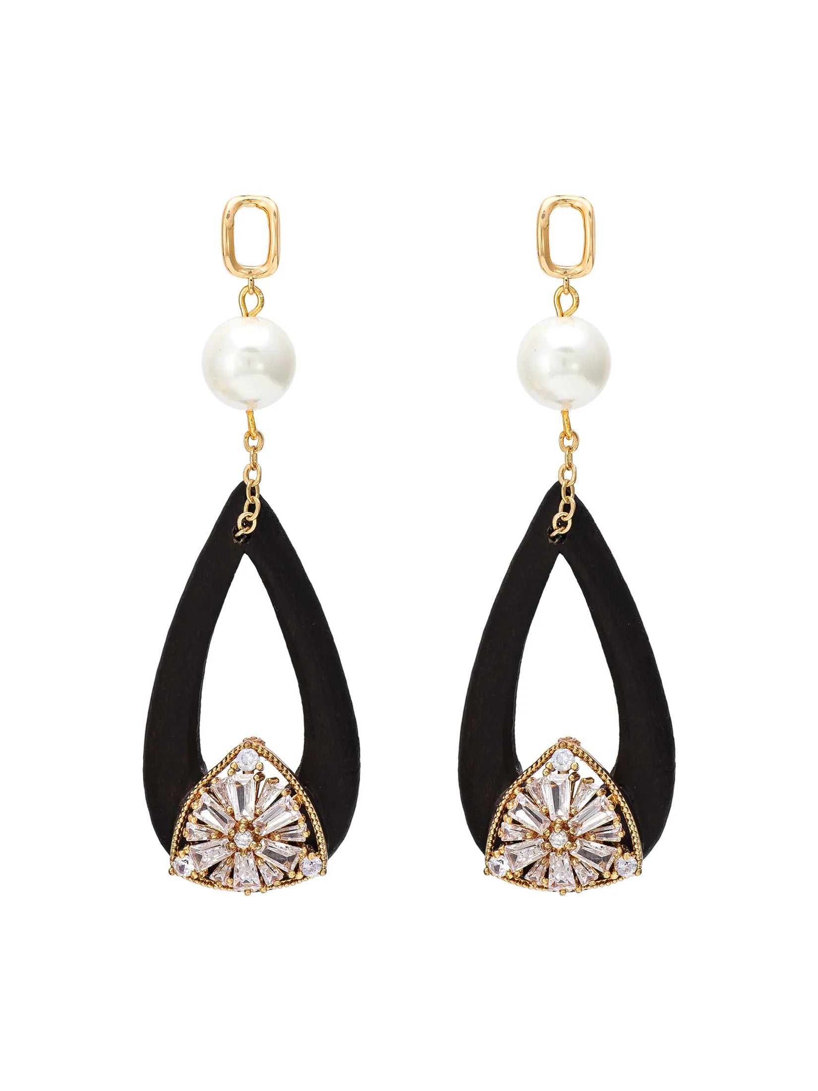 A pair of statement dangle earrings featuring black teardrop-shaped frames, white faux-pearl beads, and gold-tone triangular crystal clusters at the bottom, shown on a plain white background.