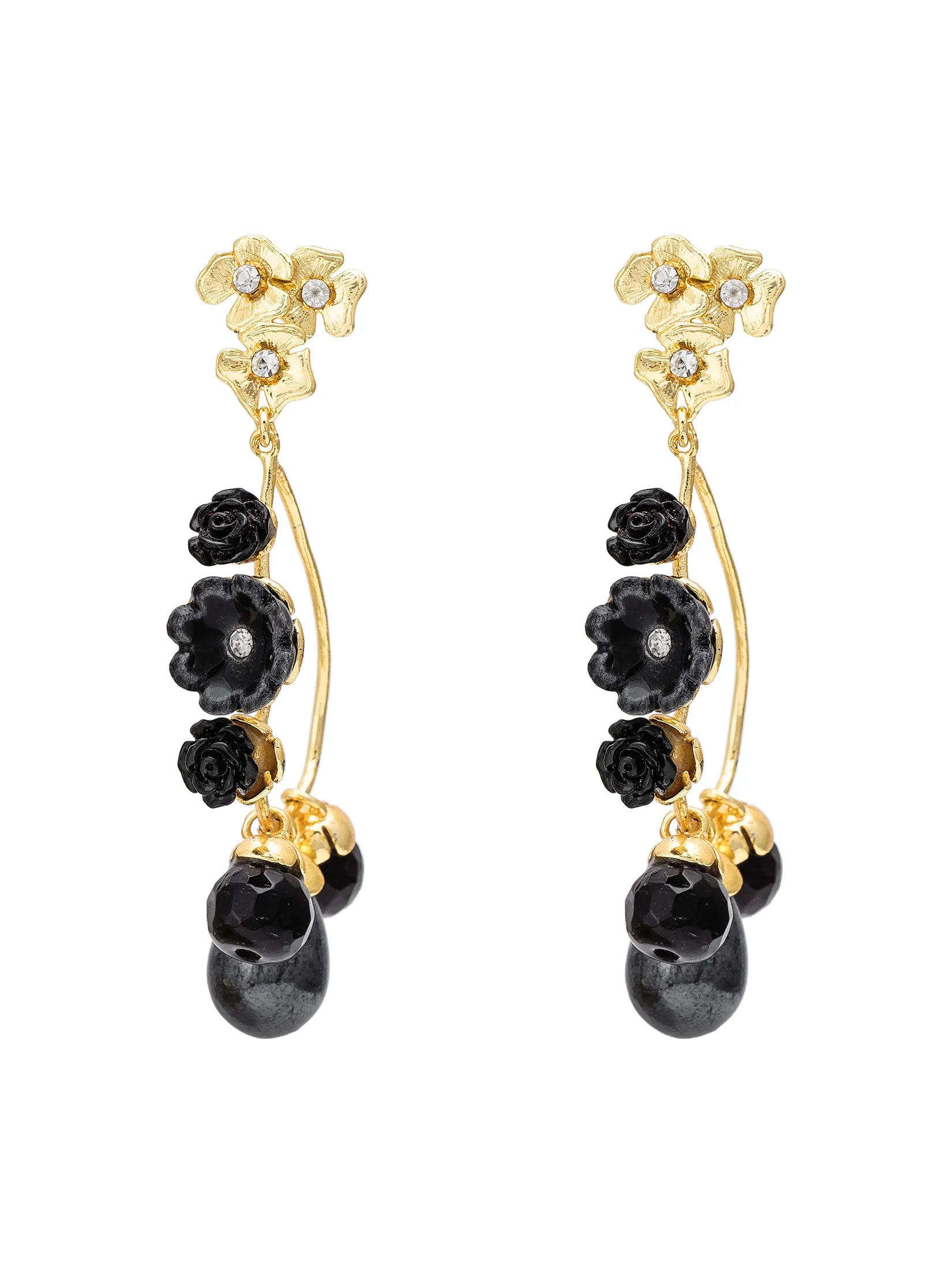 A pair of gold and black drop earrings featuring floral gold tops with small clear stones, black rose-shaped beads, and black teardrop beads hanging from curved gold wires, shown on a plain white background.