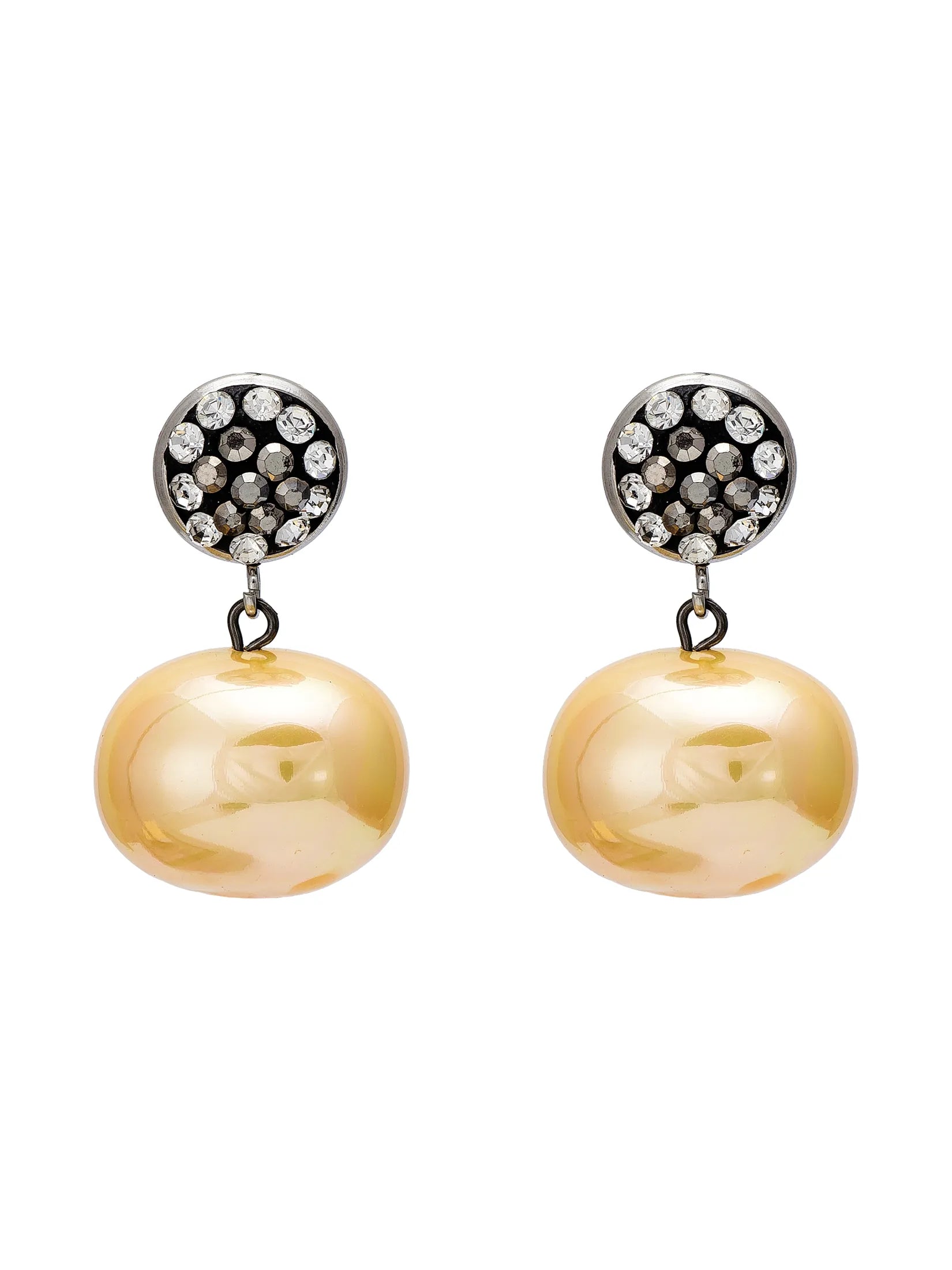 A pair of drop earrings featuring large, smooth, pearlescent gold oval drops hanging from circular silver-toned studs embellished with small clear stones, set against a plain white background.