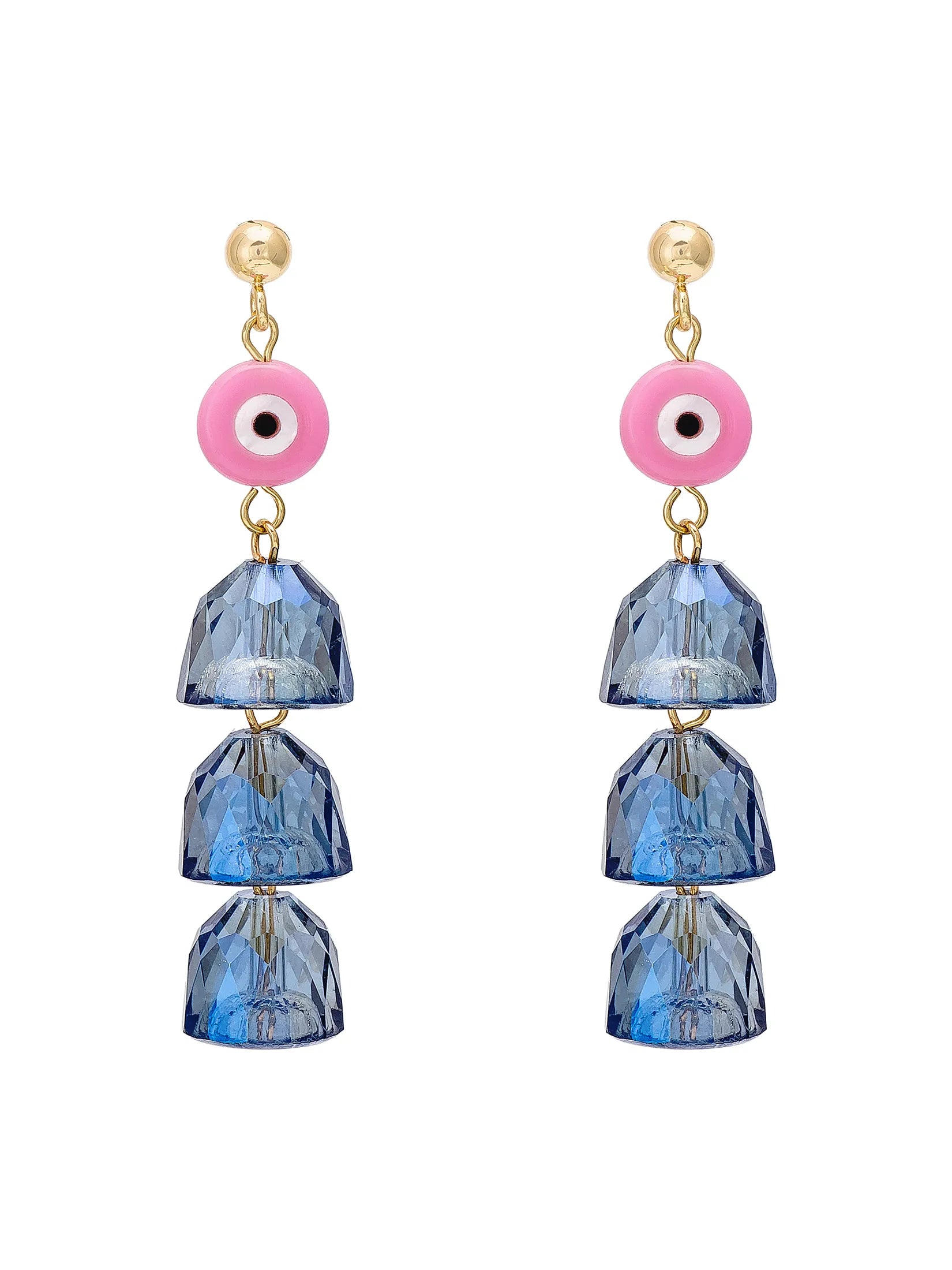 A pair of gold-tone dangle earrings featuring a pink evil eye charm and three faceted blue glass bell-shaped beads, shown against a plain white background.