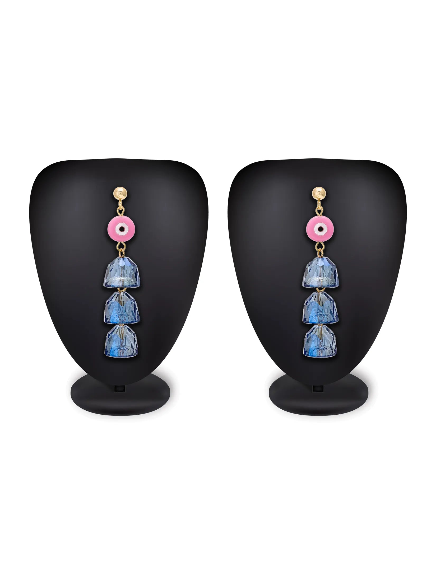 A pair of dangling earrings displayed on black mannequin busts against a white background. Each earring has a gold-tone stud with a pink evil eye charm, followed by three stacked blue faceted stone drops.